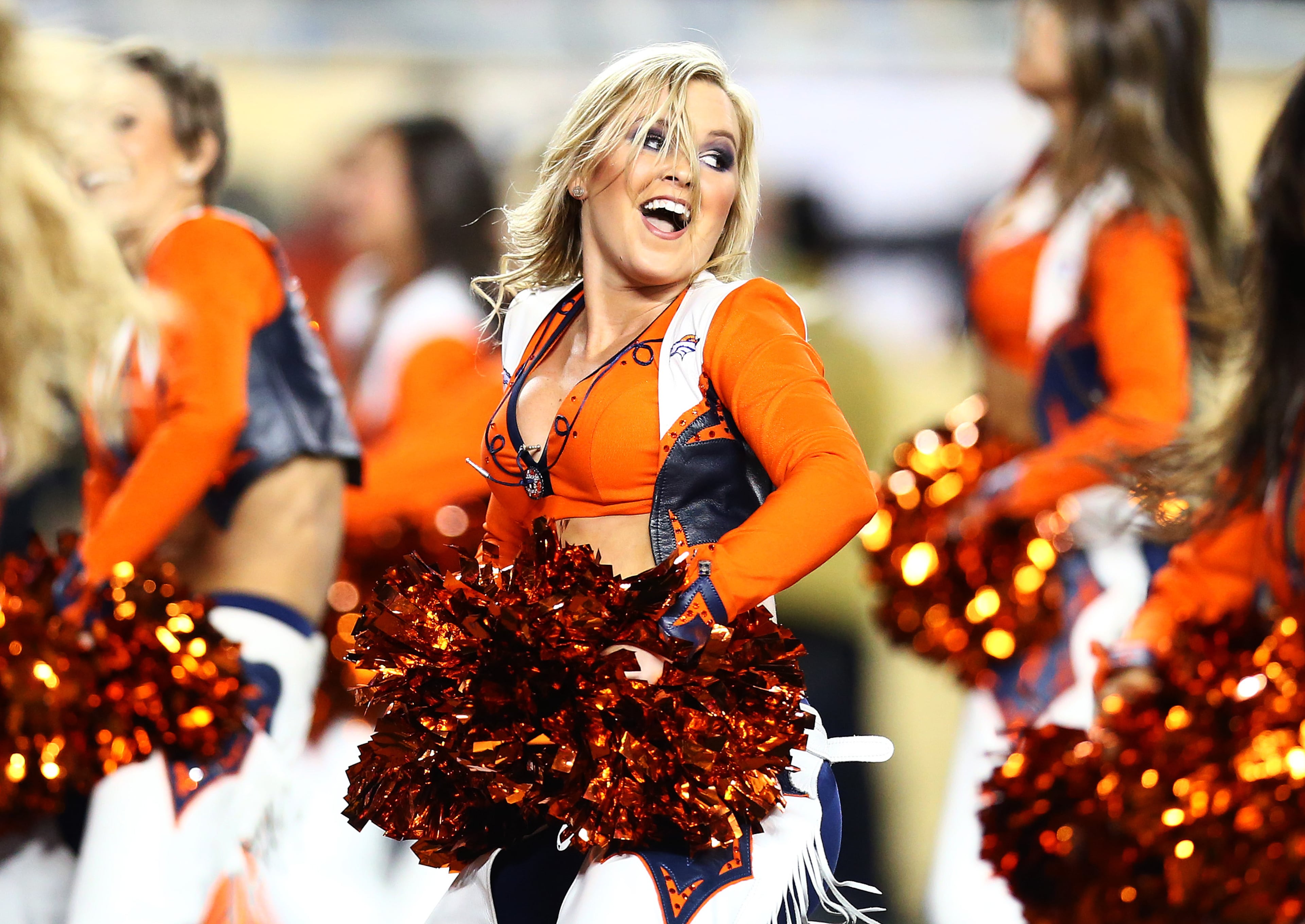 SANTA CLARA, CA - FEBRUARY 07: A Denver Broncos cheerleader performs during Super Bowl 50 against the Carolina Panthers at Levi's Stadium on February 7, 2016 in Santa Clara, California. (Photo by Ronald Martinez/Getty Images)