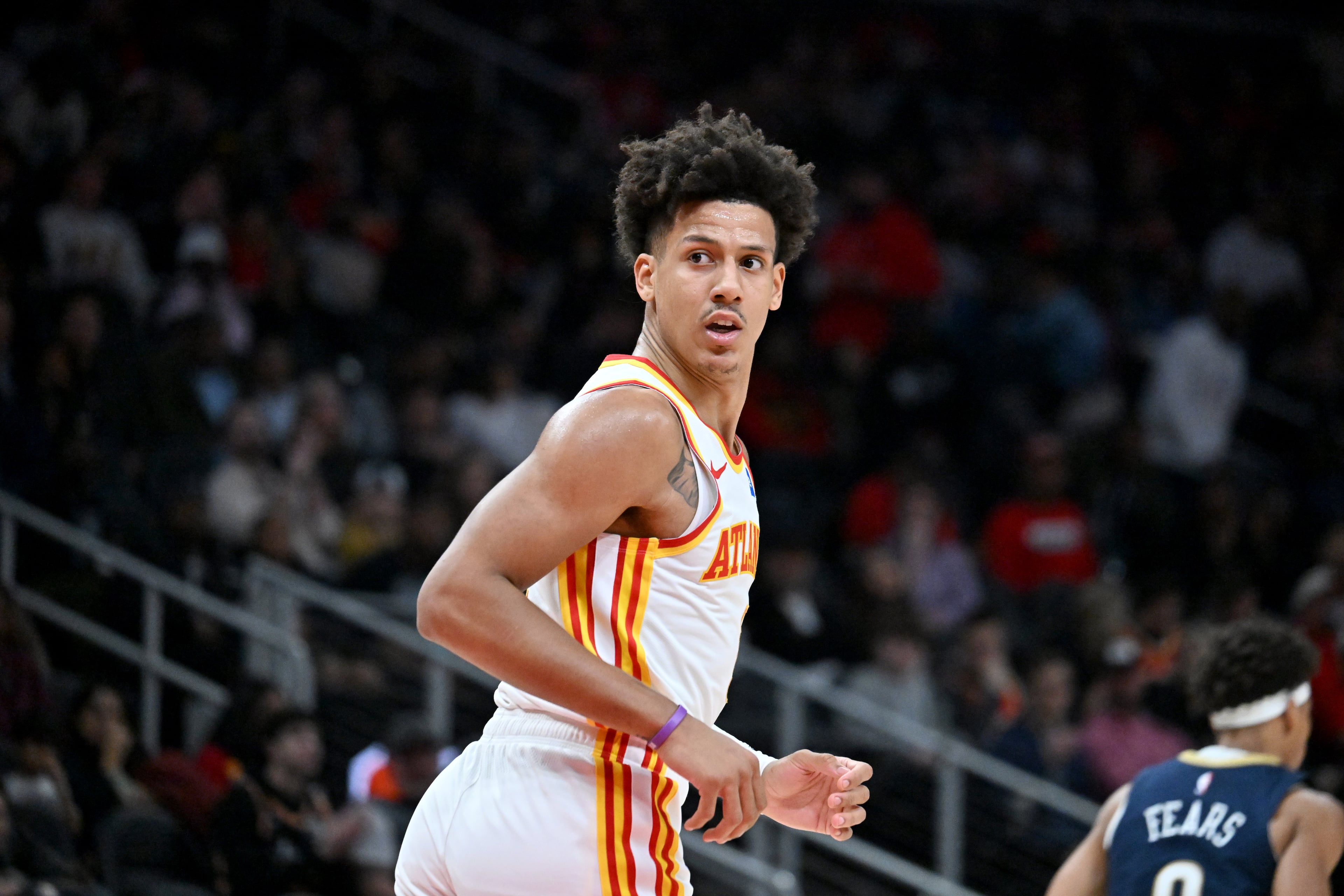 Atlanta Hawks forward Jalen Johnson (1) reacts after scoring during the first half in an NBA basketball game at State Farm Arena, Wednesday, Jan. 7, 2026, in Atlanta. (Hyosub Shin/AJC)