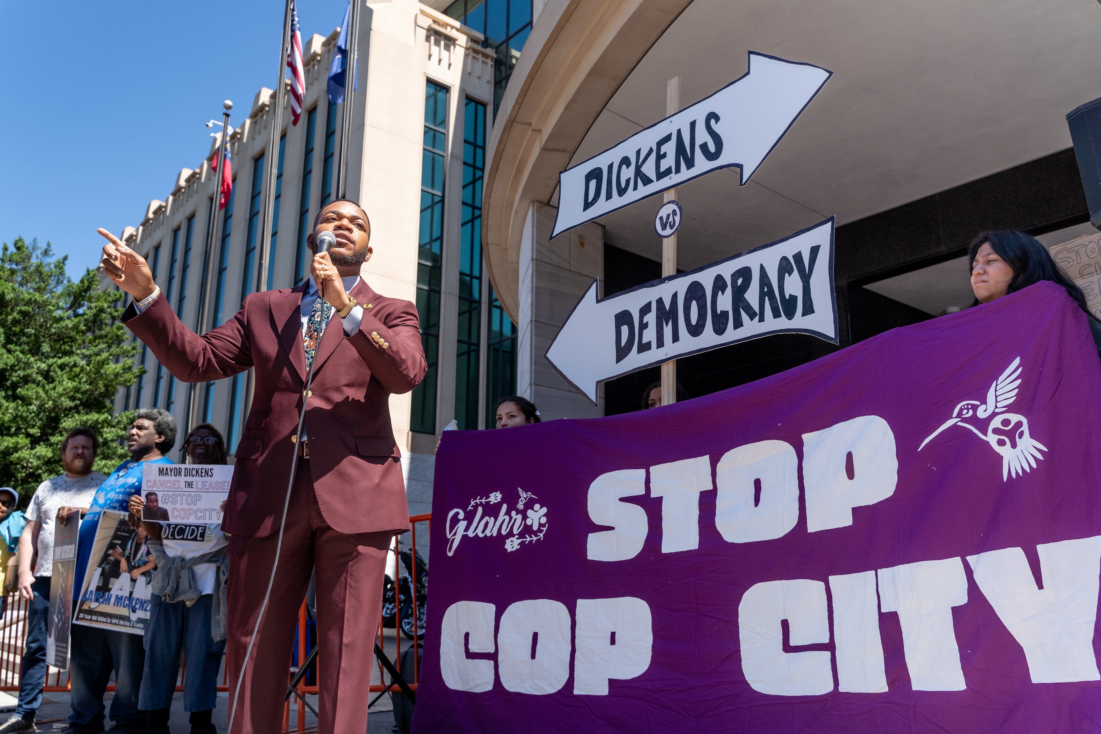 Devin Barrington-Ward speaks outside city hall in 2024 along with other opponents ot the Atlanta Public Safety Training Center. File photo. (Ben Hendren for the AJC)