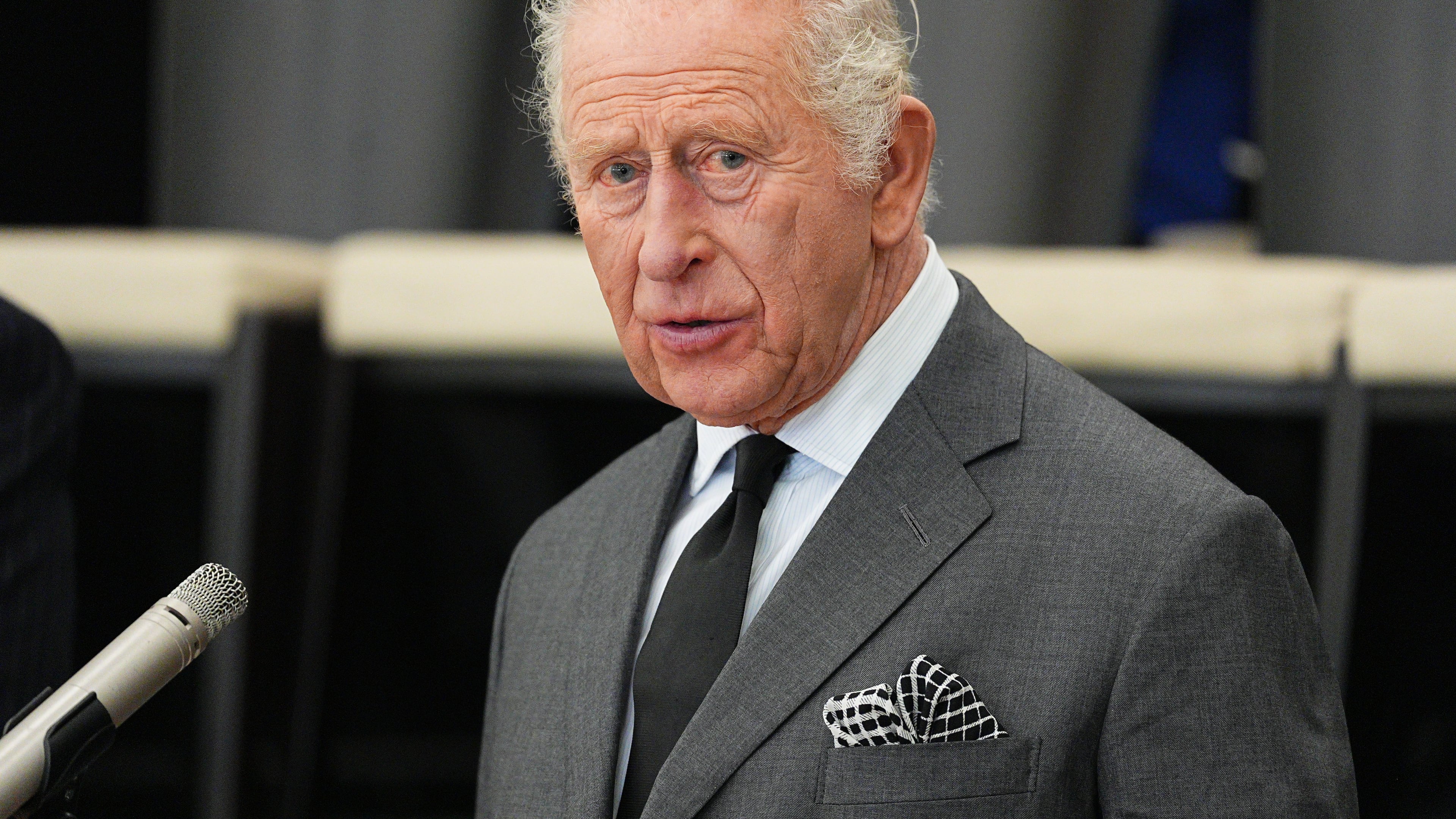 Britain's King Charles III speaks during a visit to the Aberfan and Merthyr Vale Community Centre in Aberfan, Wales, Wednesday, Oct. 21, 2026. (Aaron Chown/PA via AP, Pool)