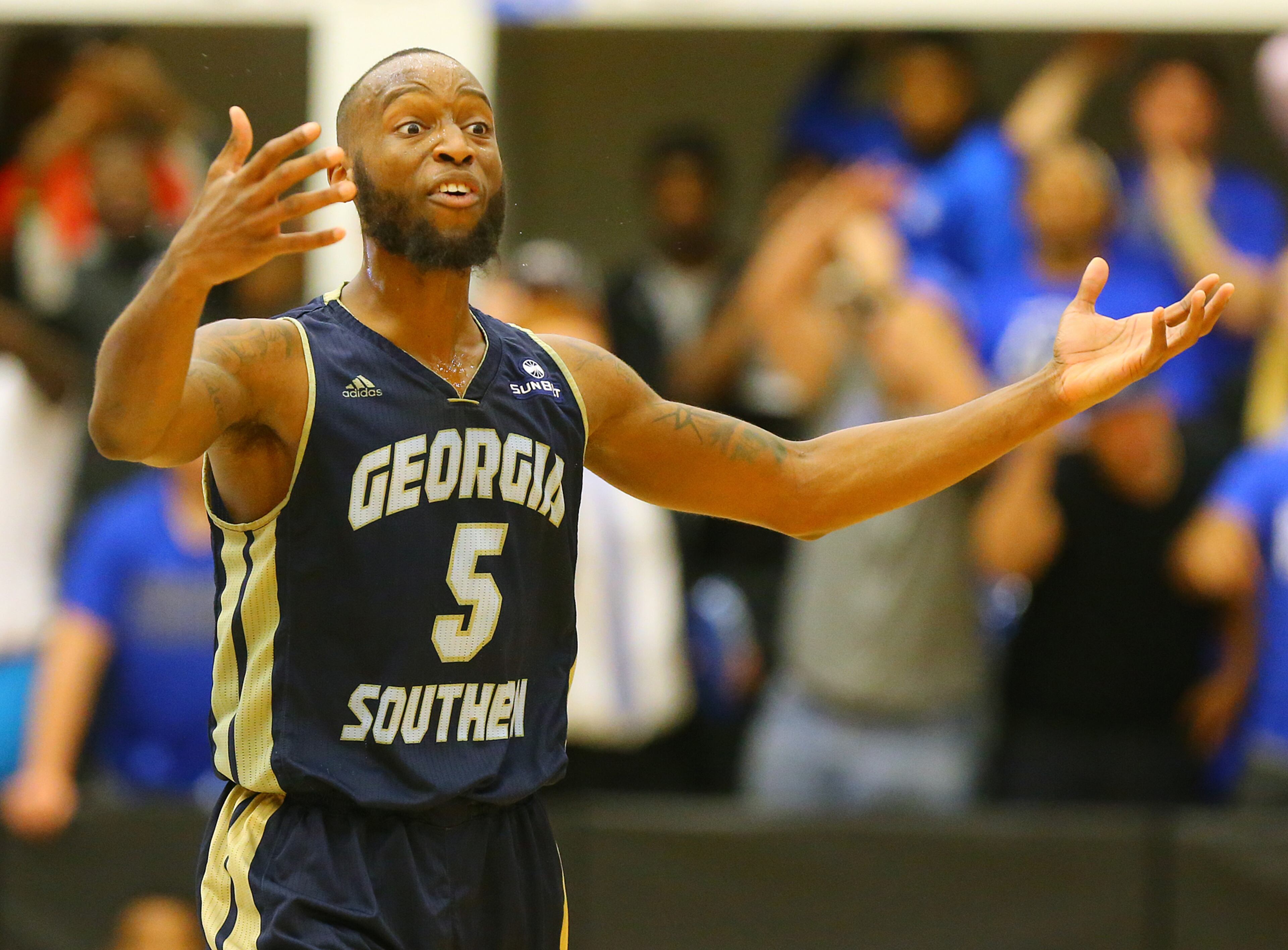 Georgia Southern guard Jelani Hewitt reacts to be called for a foul against Georgia State during a basketball game on Saturday, March 7, 2015, in Atlanta.