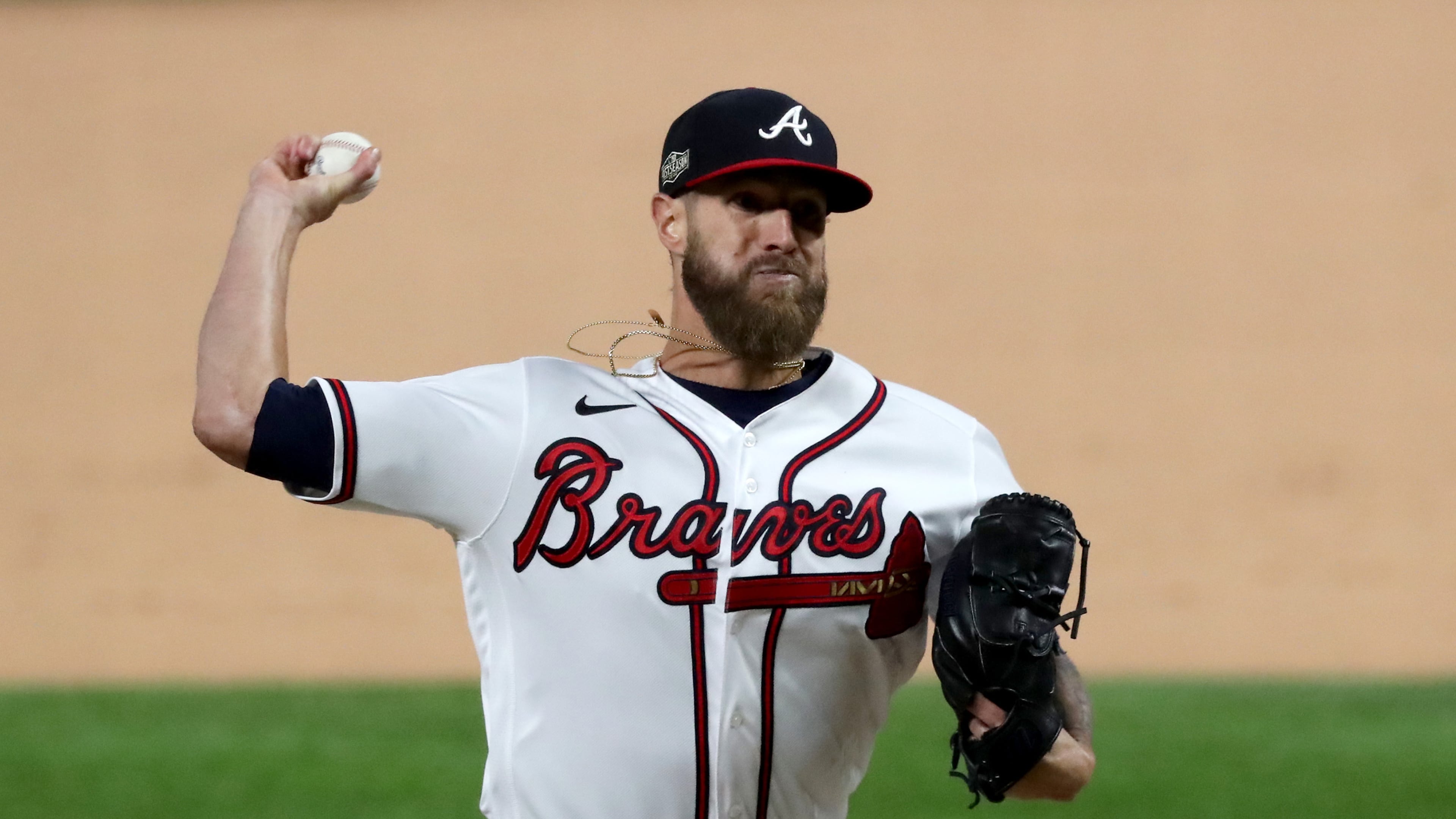 Atlanta Braves relief pitcher Shane Greene delivers against the Los Angeles Dodgers during the ninth inning in Game 4 of the National League Championship Series at Globe Life Field in Arlington, Texas, on Thursday, Oct. 15, 2020. The Braves won, 10-2, for a 3-1 series lead. (Curtis Compton/Atlanta Journal-Constitution/TNS)