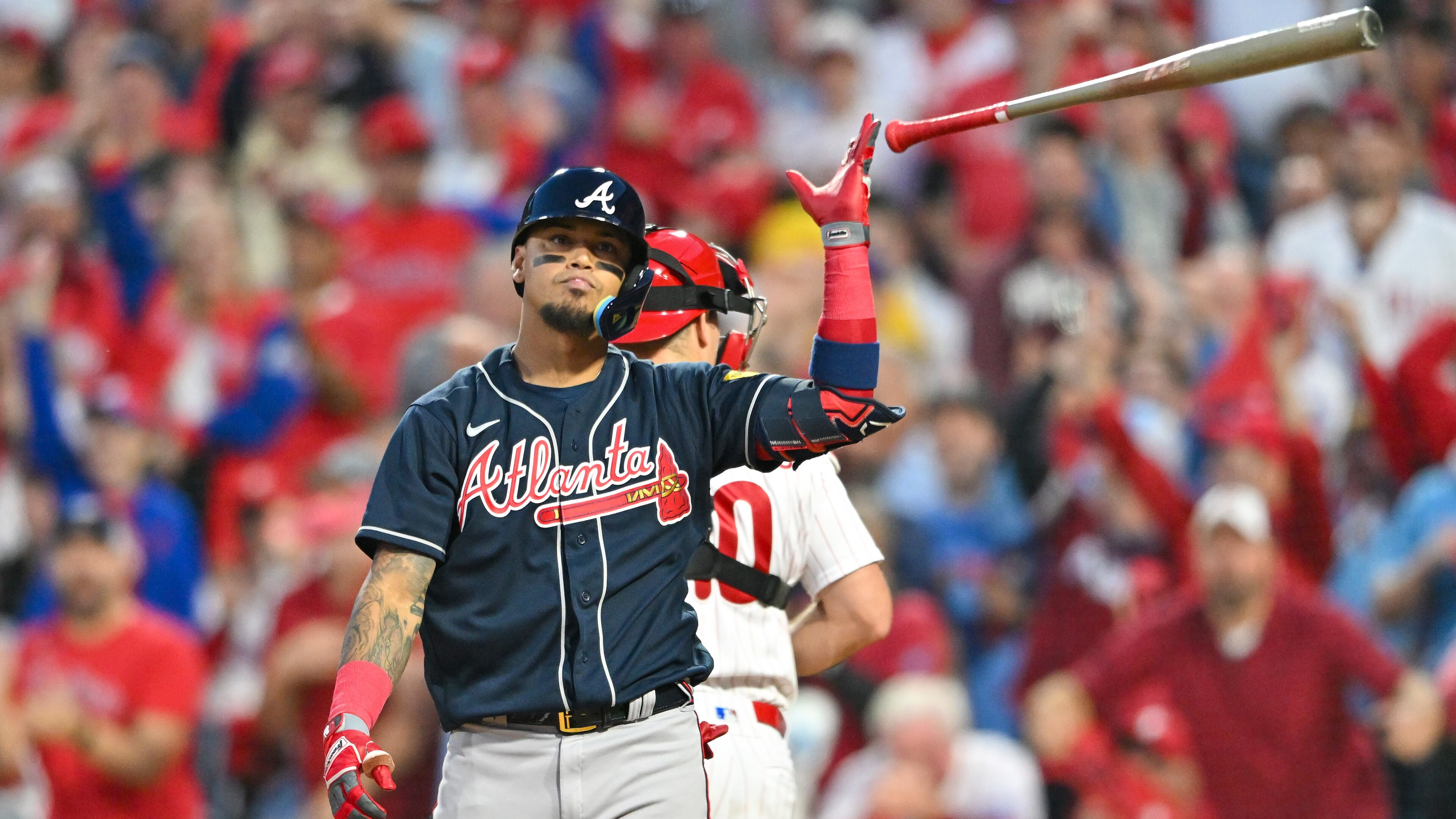 Atlanta Braves’ Orlando Arcia strikes out swinging against the Philadelphia Phillies to end the fourth inning of NLDS Game 3 in Philadelphia on Wednesday, Oct. 11, 2023. (Hyosub Shin / Hyosub.Shin@ajc.com)