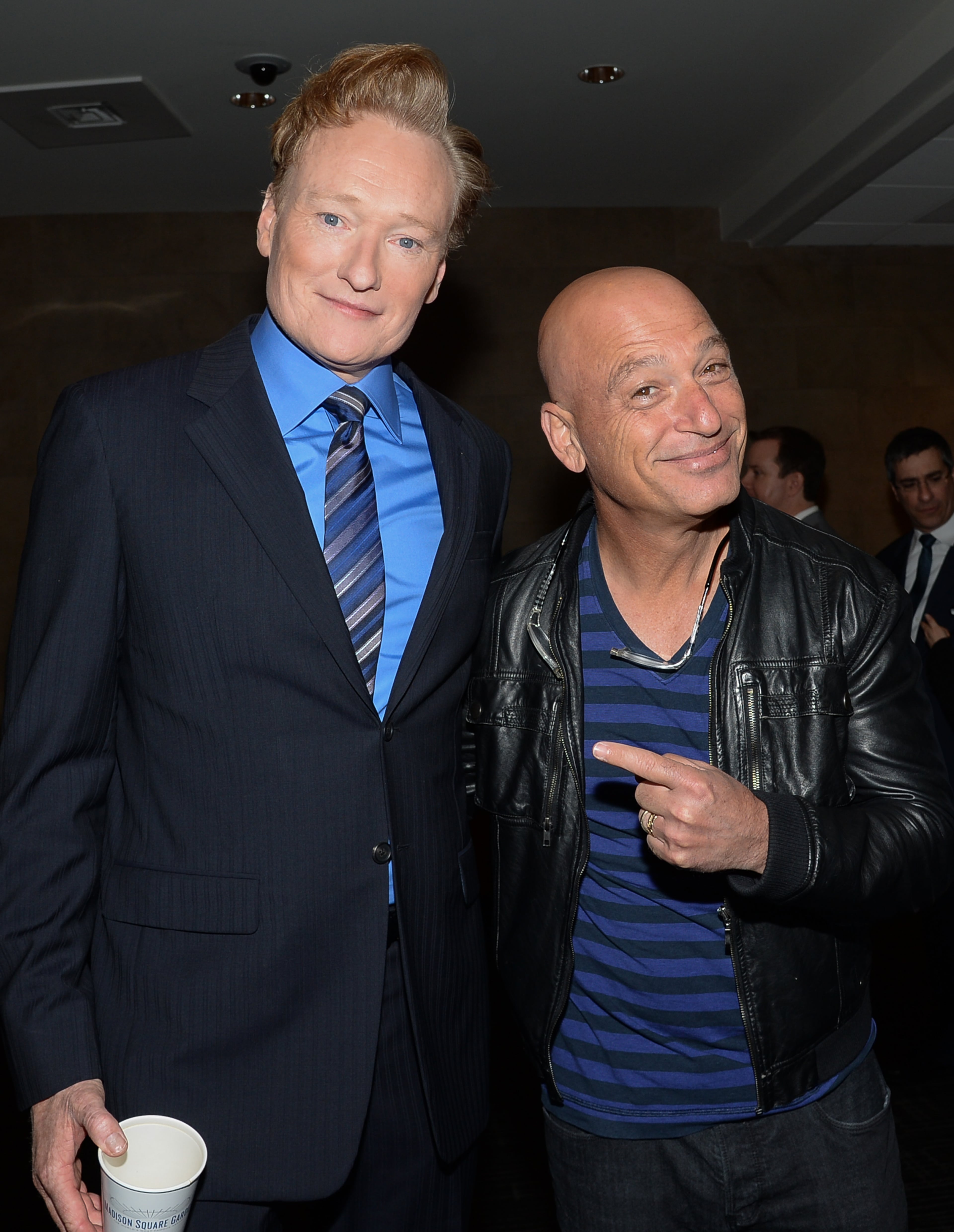 Conan O'Brien, left, and Howie Mandel pose backstage at the TNT and TBS Network 2014 Upfront Presentations at Madison Square Garden on Wednesday, May 14, 2014, in New York. (Photo by Evan Agostini/Invision/AP)