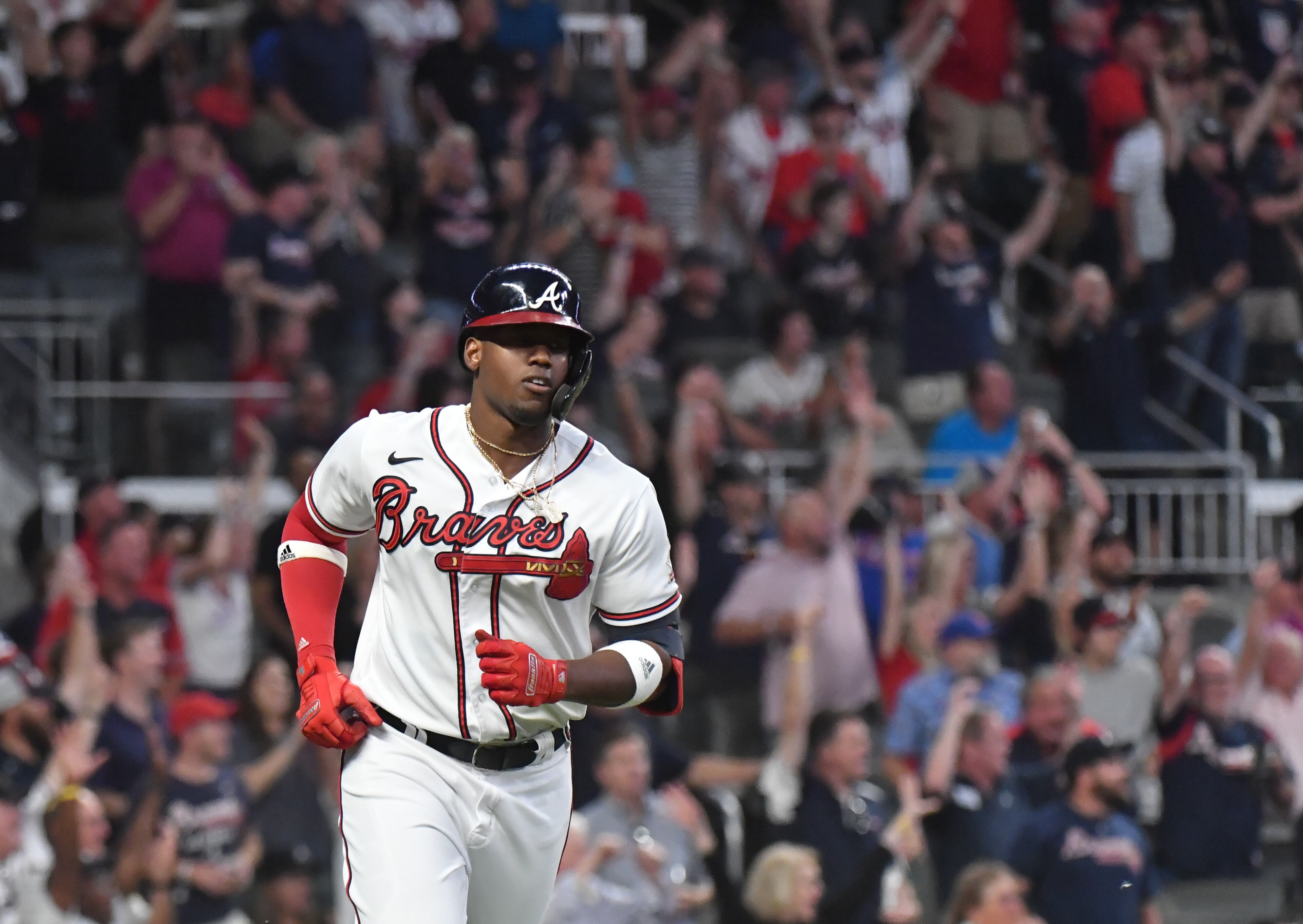 Jorge Soler begins his home run trot after connecting in the bottom of the first to give the Braves a 1-0 lead in Thursday's Braves-Phillies game at Truist Park. (Hyosub Shin/hshin@ajc.com)