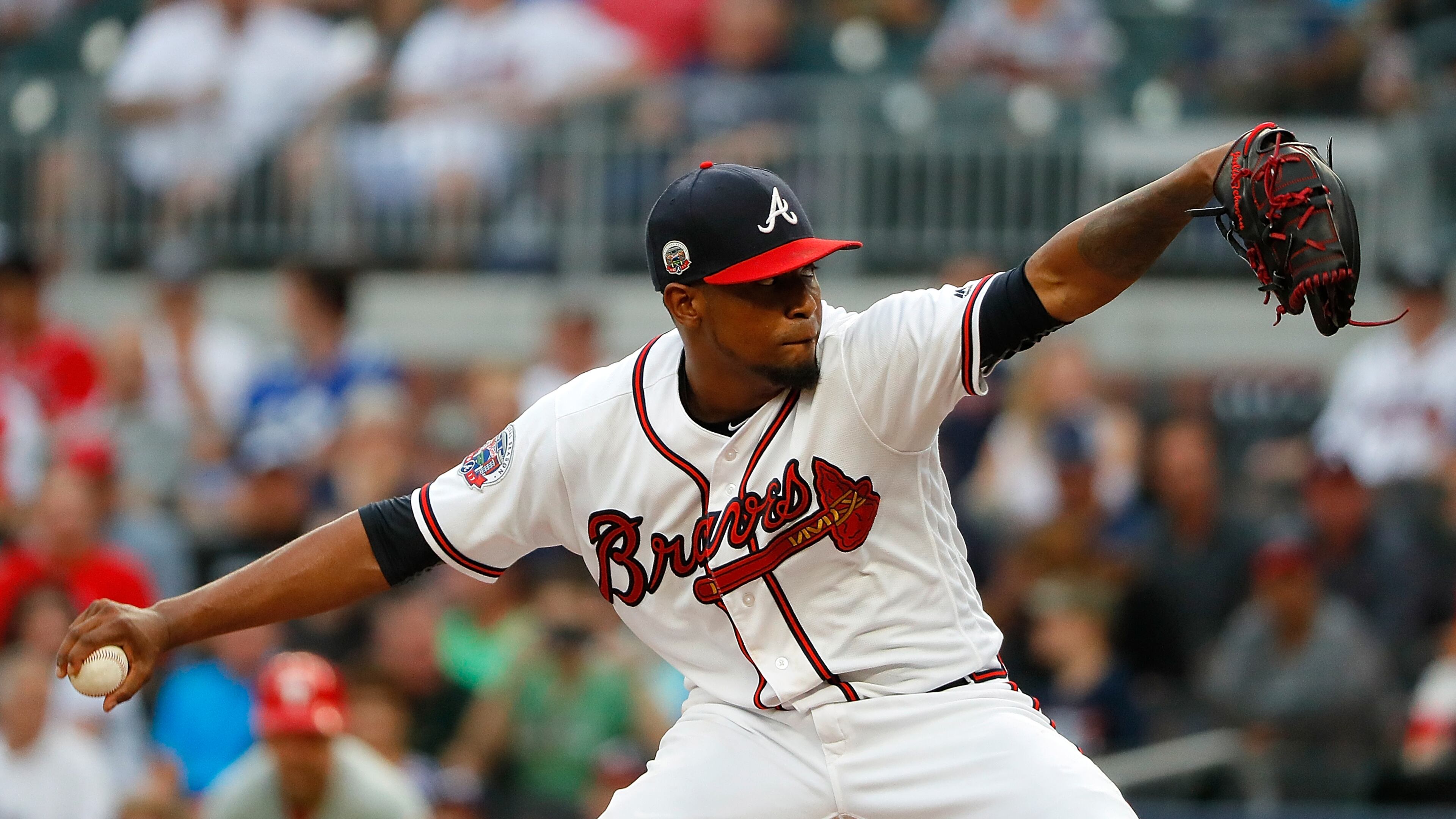 Braves opening-day starter and former All-Star Julio Teheran takes a 7-10 record and 5.25 ERA into his Monday start at Colorado. He’s struggled like most Braves starters during the team’s slide over the past four weeks. (Photo by Kevin C. Cox/Getty Images)