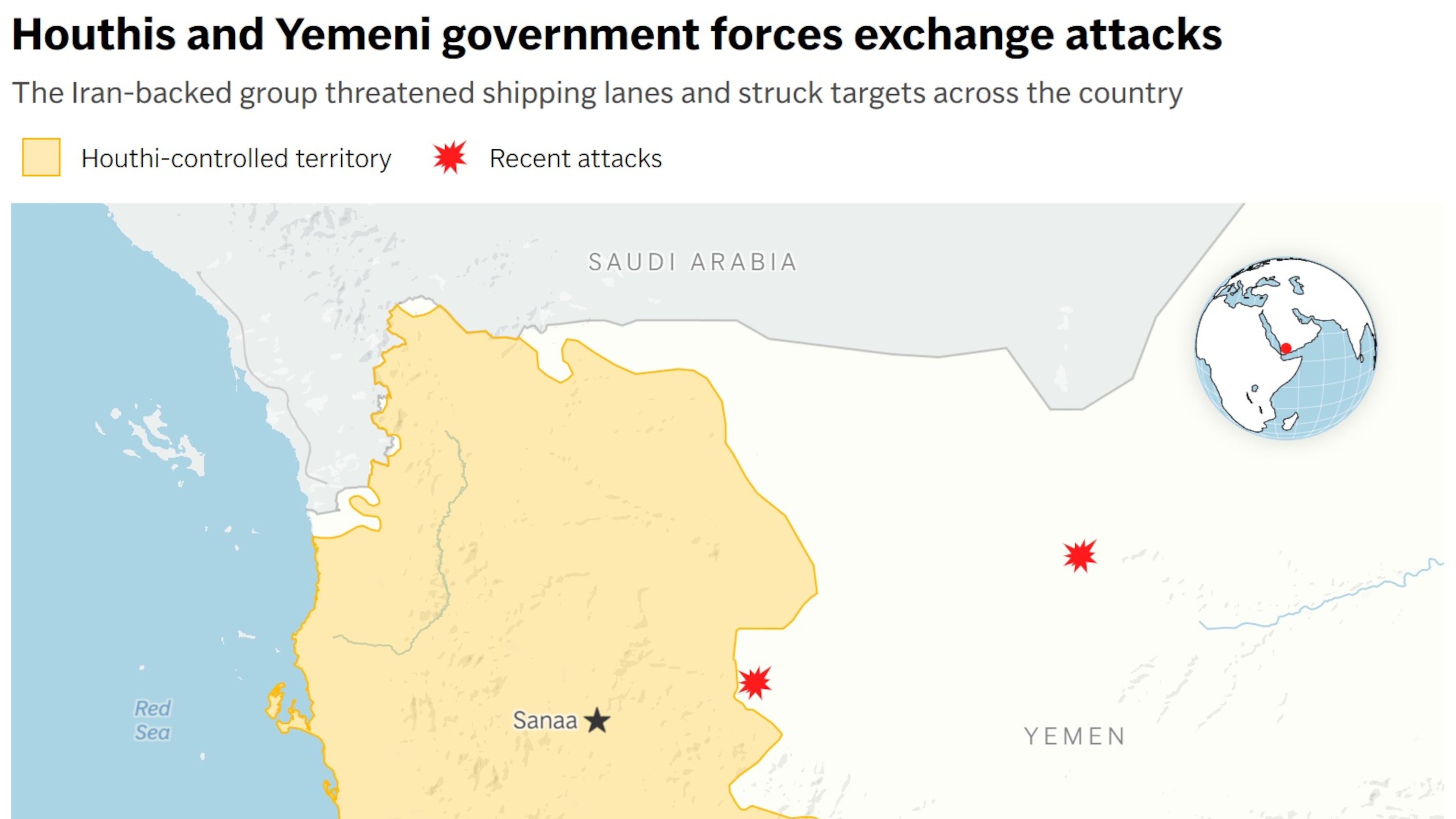 A map showing recent fighting between the Houthis and the Yemeni government. (AP Digital Embed)