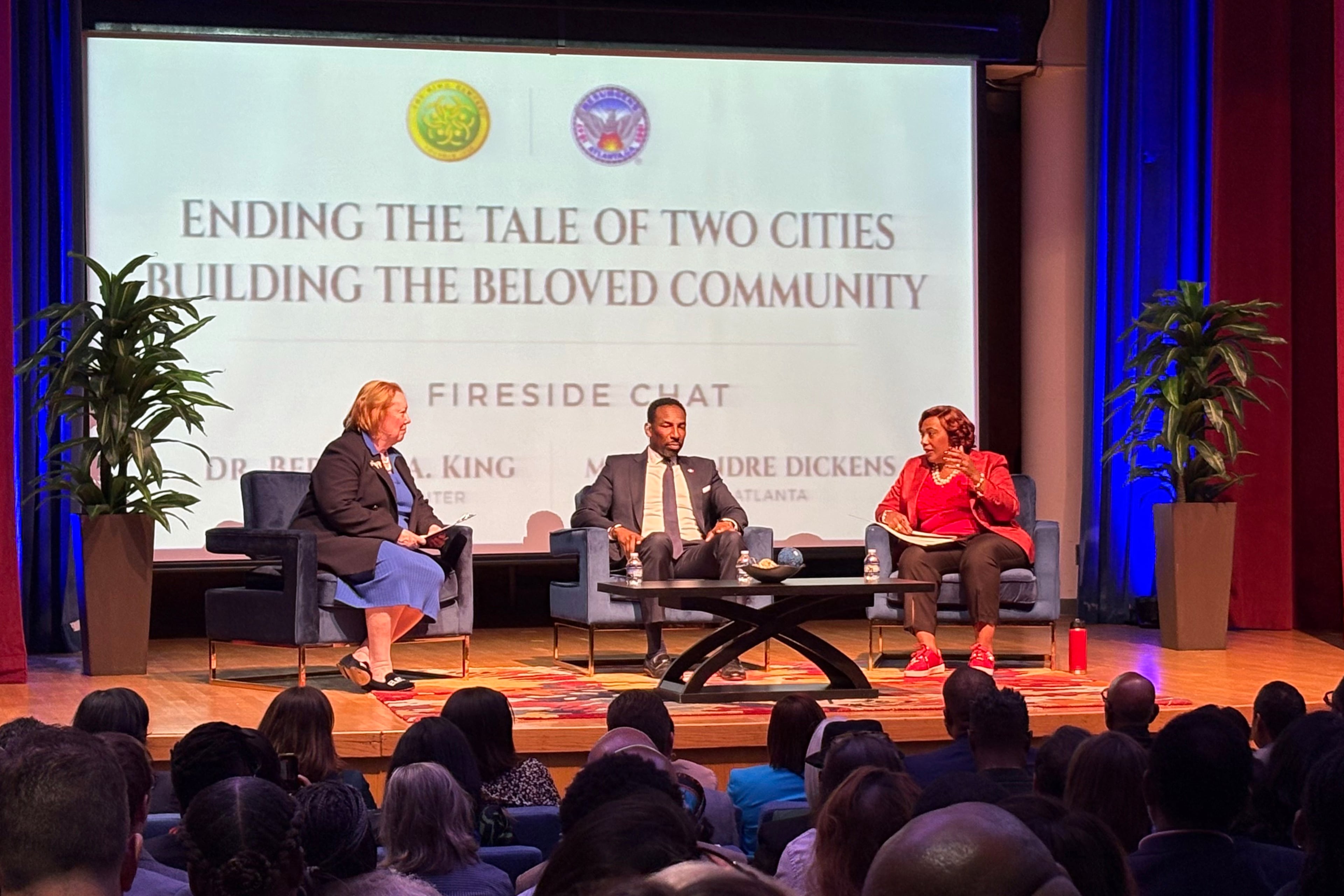 Atlanta Mayor Andre Dickens (center) sits down with Bernice King (right) and Melita Easters to talk about his Neighborhood Reinvestment Initiative at the King Center in Atlanta. (Shaddi Abusaid/AJC)