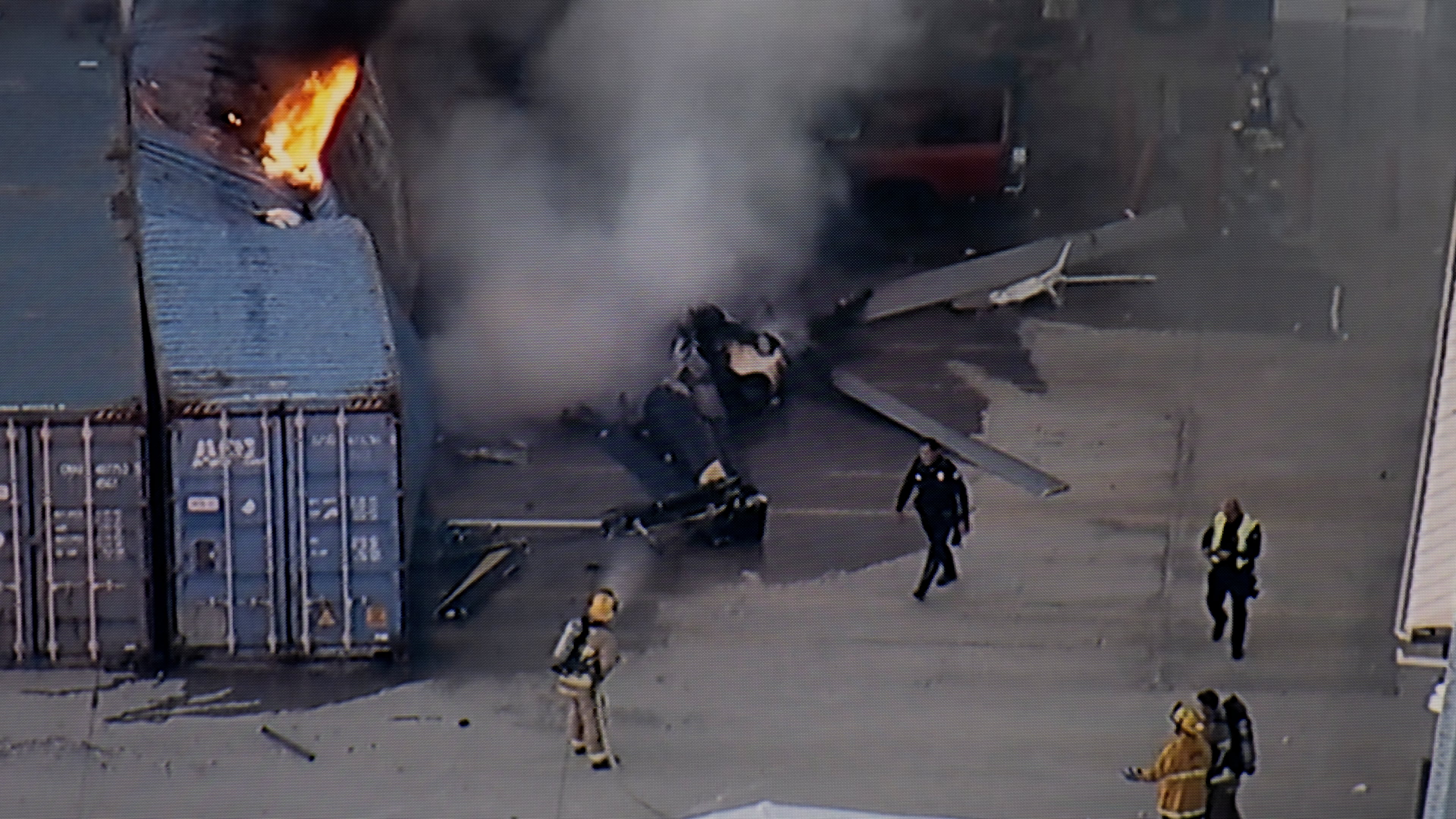 In this still image provided by KABC-TV shows first responders work the scene after a helicopter crashed near a bus crash in Chatsworth, a neighborhood in Los Angeles, Tuesday, Sept. 15, 2026. (KABC-TV via AP)