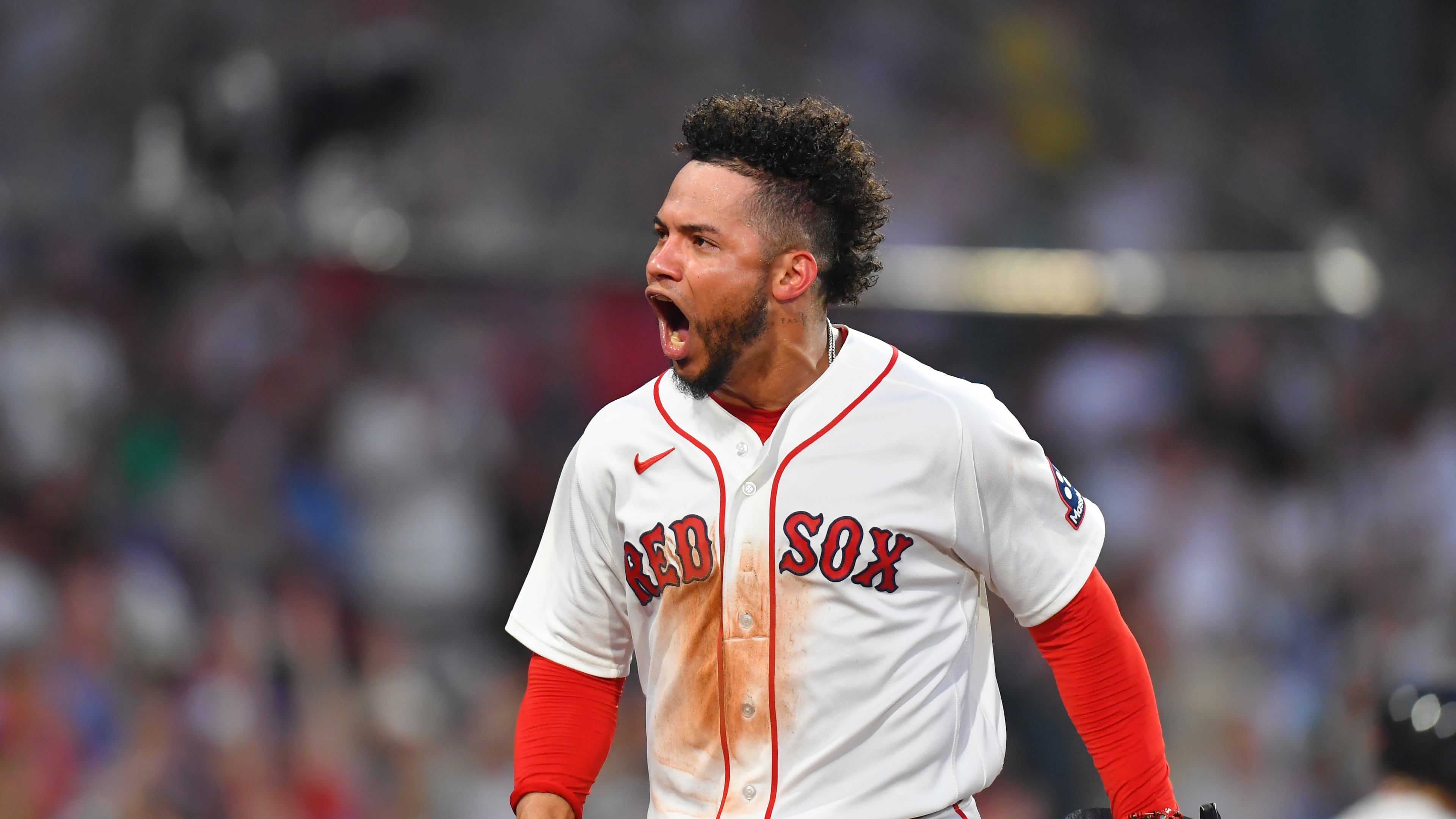 Boston Red Sox's Willson Contreras celebrates after scoring on a two-run single by Caleb Durbin in the fourth inning of a baseball game against the New York Yankees, Sunday, June 28, 2026, in Boston. (AP Photo/Steven Senne)