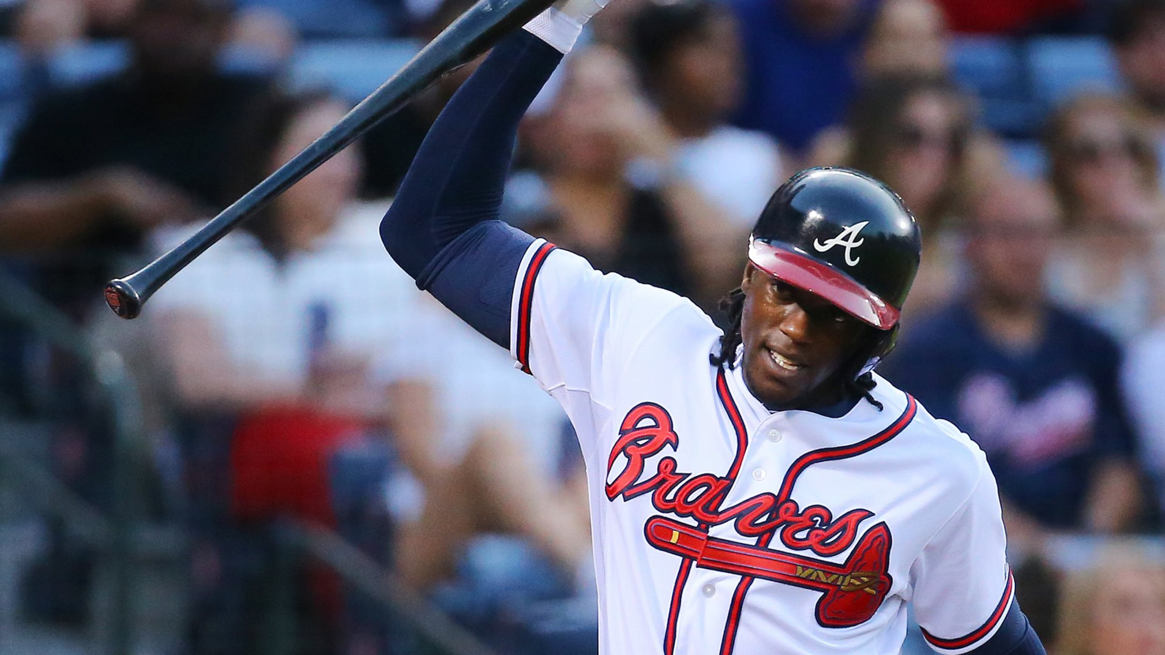 Braves’ Cameron Maybin throws his bat in frustration after striking out against the Phillies during the second inning of a baseball game on Monday, May 4, 2015, at Turner Field. (Curtis Compton / ccompton@ajc.com)