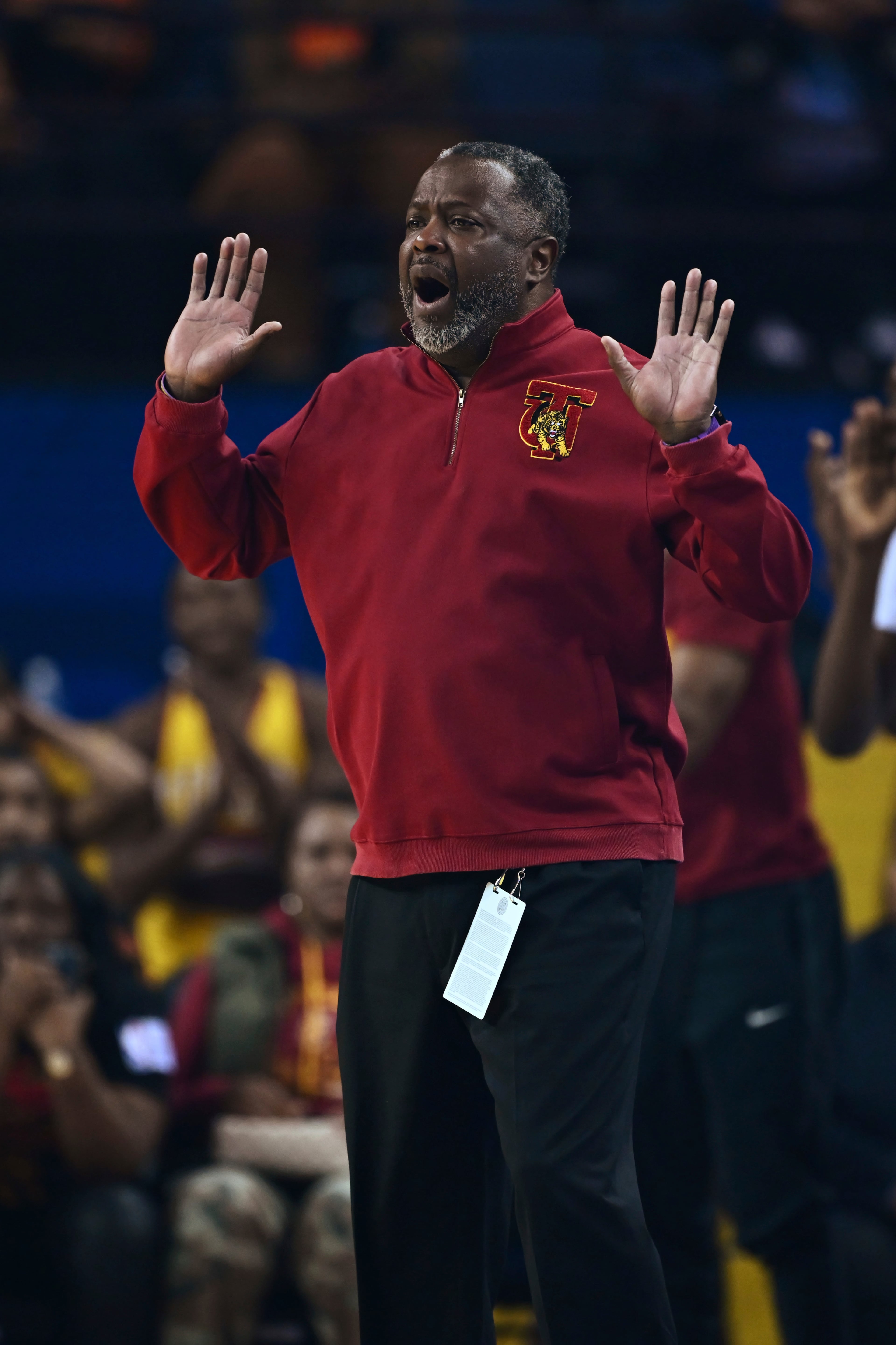 Tuskegee head coach Benjy Taylor gestures to his players during the first half of the HBCU Classic NCAA college basketball game against Morehouse at Oakland Arena in Oakland, Calif., on Saturday, Feb. 15, 2025. (Jose Carlos Fajardo/Bay Area News Group via AP)