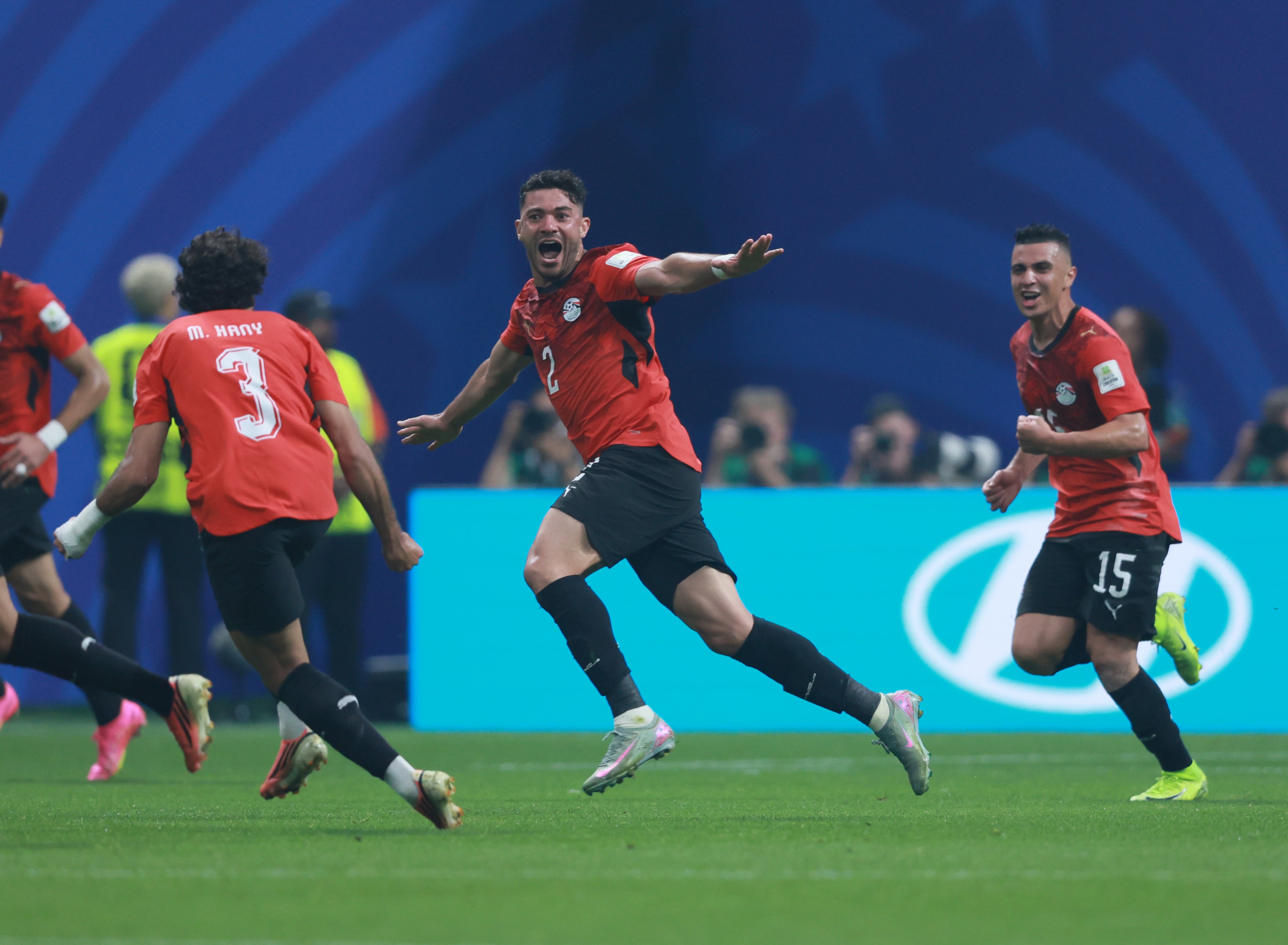 Egypt's Yasser Ibrahim (2) celebrates his goal during first half of Argentina vs. Egypt FIFA World Cup match at Atlanta Stadium (Mercedes-Benz Stadium) on Tuesday, July 7, 2026. (Jason Getz/AJC)