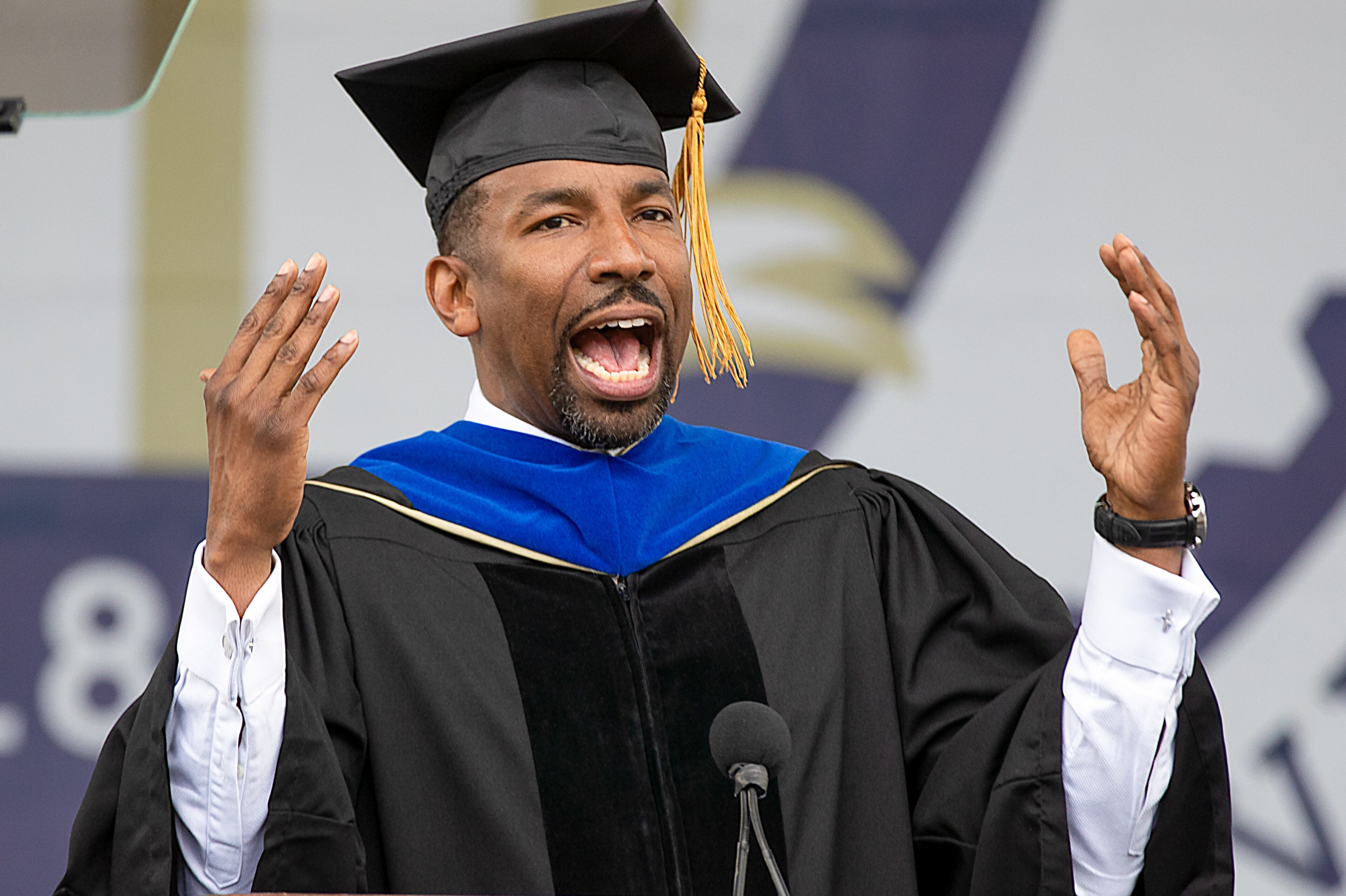 Commencement speaker Atlanta Mayor Andre Dickens speaks during the Georgia Institute of Technology's afternoon graduation ceremony at Bobby Dodd Stadium on Saturday, May 7, 2022. (Steve Schaefer / steve.schaefer@ajc.com)