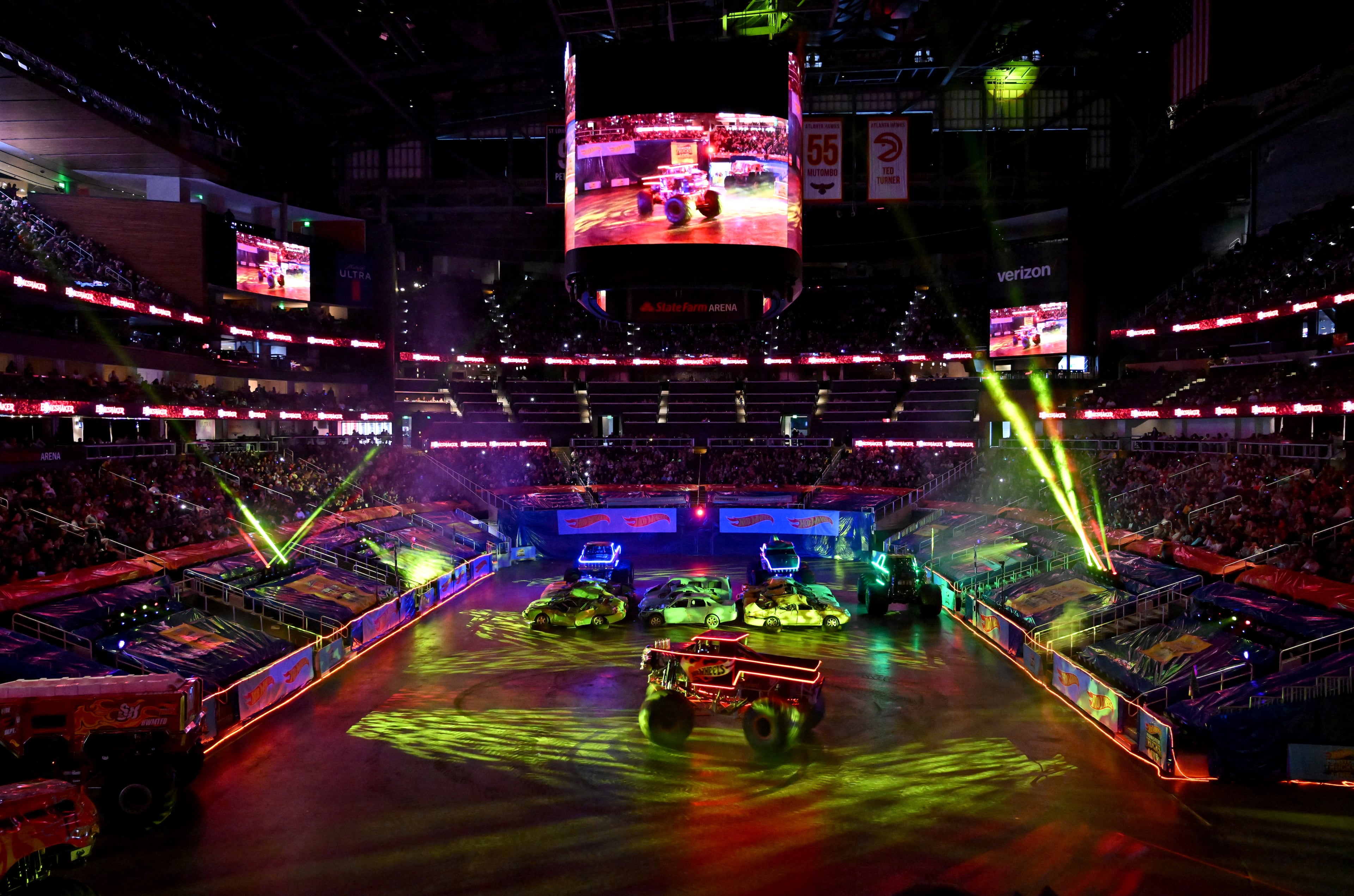Bone Shaker participates in Donuts competition during Hot Wheels Monster Trucks Live at State Farm Arena, Saturday, December 6, 2024, in Atlanta. (Hyosub Shin / Hyosub.Shin@ajc.com)