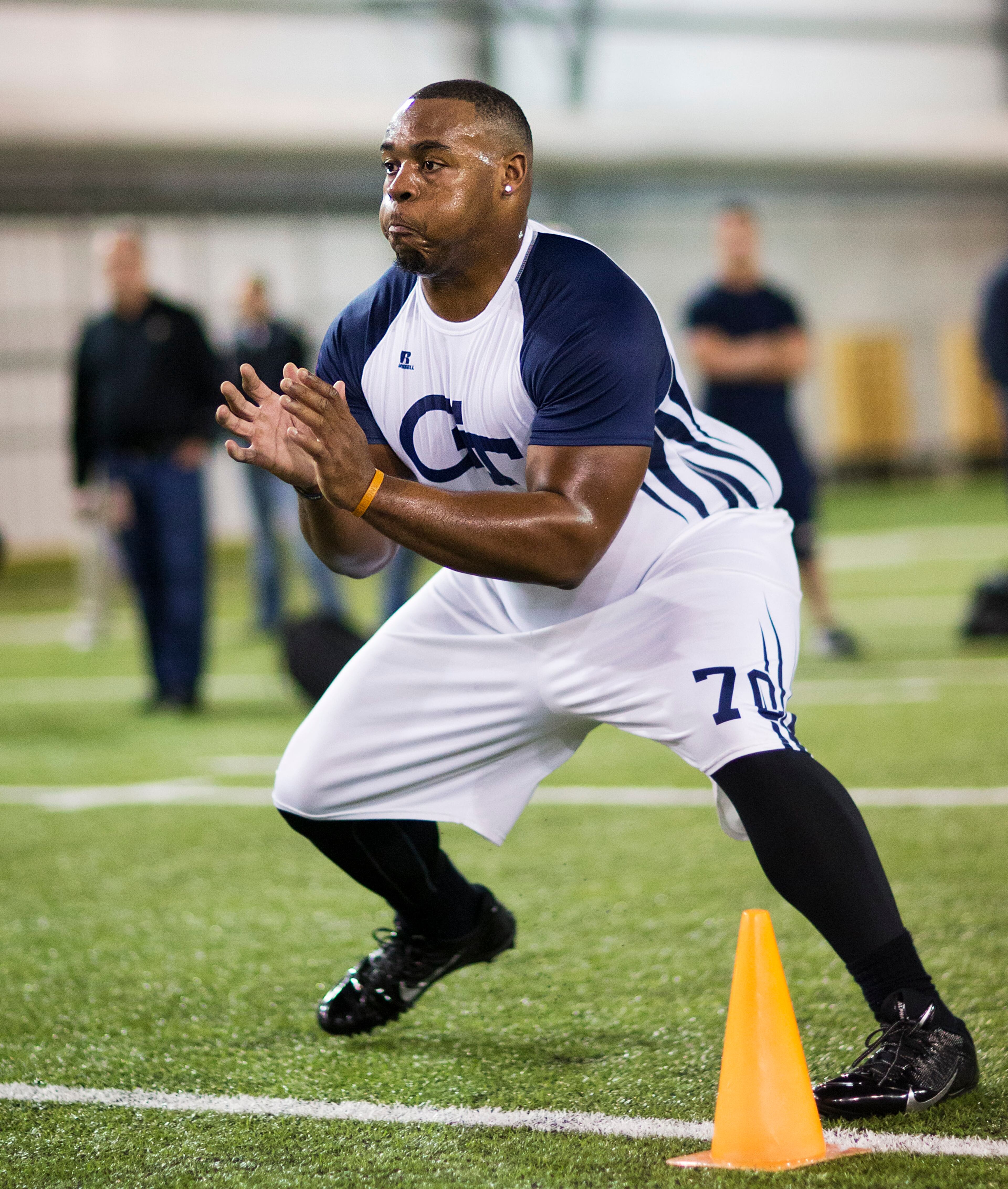 Shaquille Mason runs a football drill during NFL Pro Day at Georgia Tech Friday, March 13, 2015, in Atlanta. (AP Photo/David Goldman)