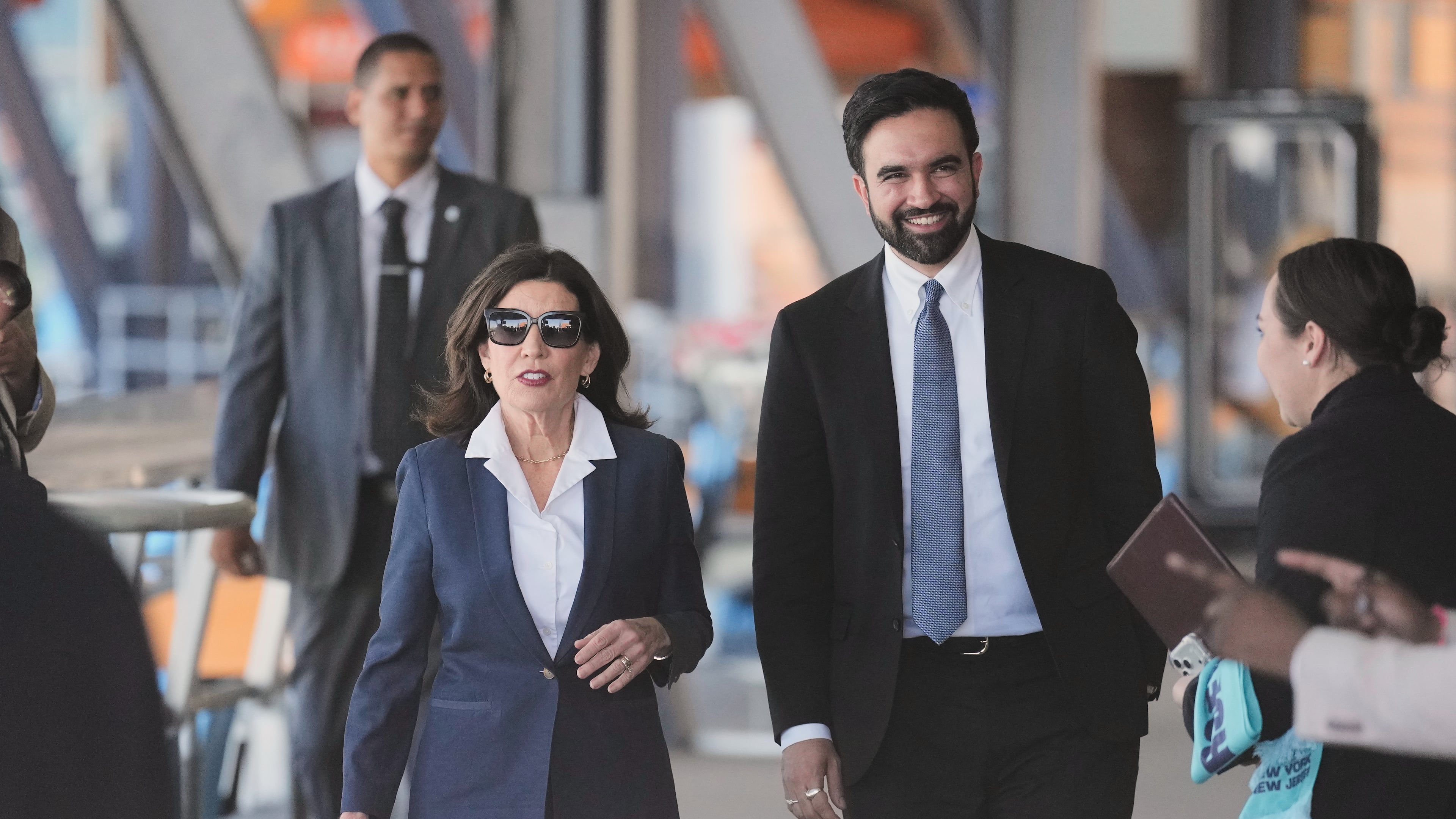 New York Gov. Kathy Hochul and New York City Mayor Zohran Mamdani arrive to a news conference in the Staten Island borough of New York, Monday, April 27, 2026. (AP Photo/Seth Wenig)