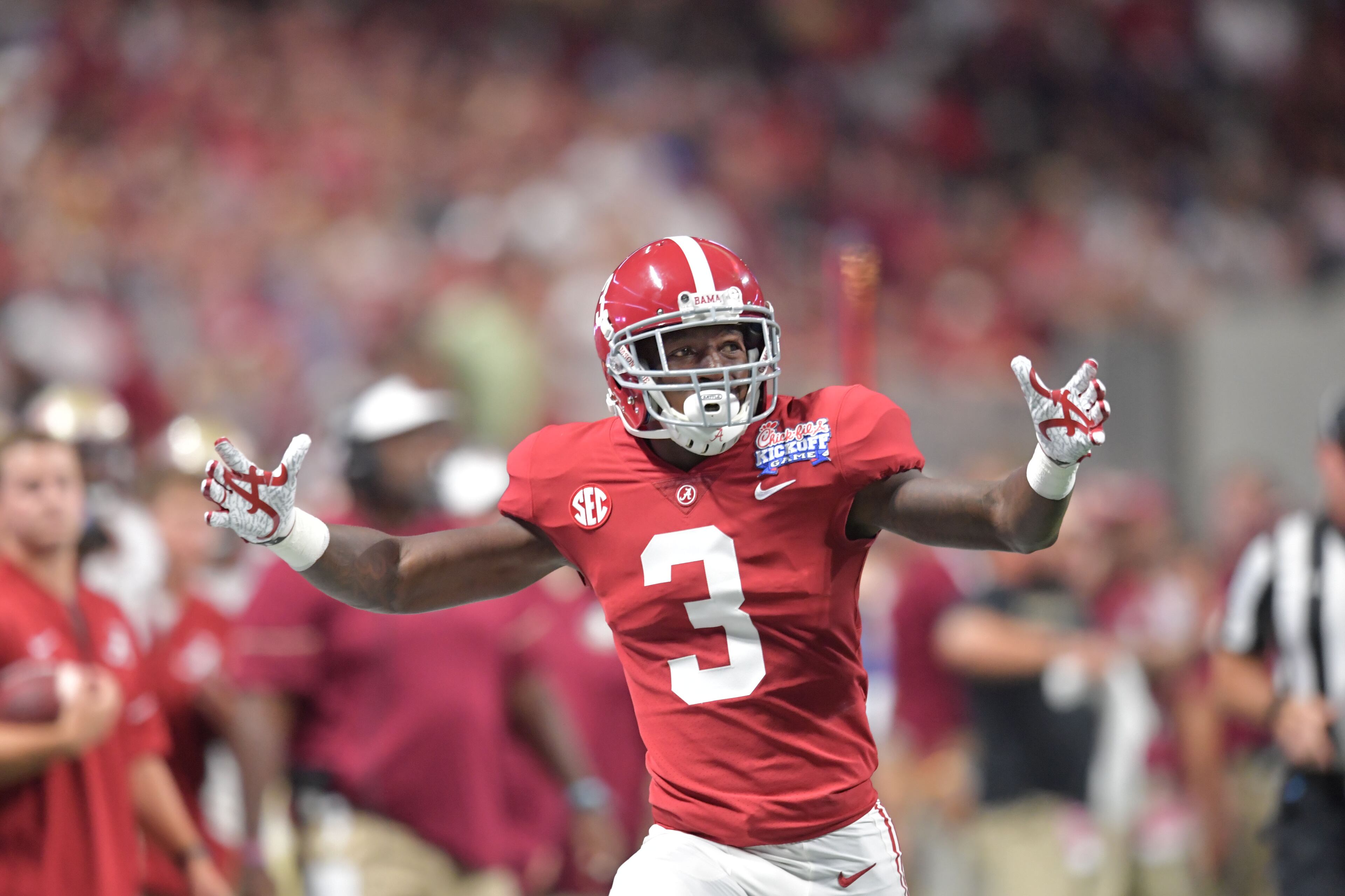September 2, 2017 Atlanta - Alabama wide receiver Calvin Ridley (3) reacts after he made a catch in the first half of the 2017 Chick-Fil-A Kickoff game at the Mercedes-Benz Stadium on Saturday, September 2, 2017. HYOSUB SHIN / HSHIN@AJC.COM