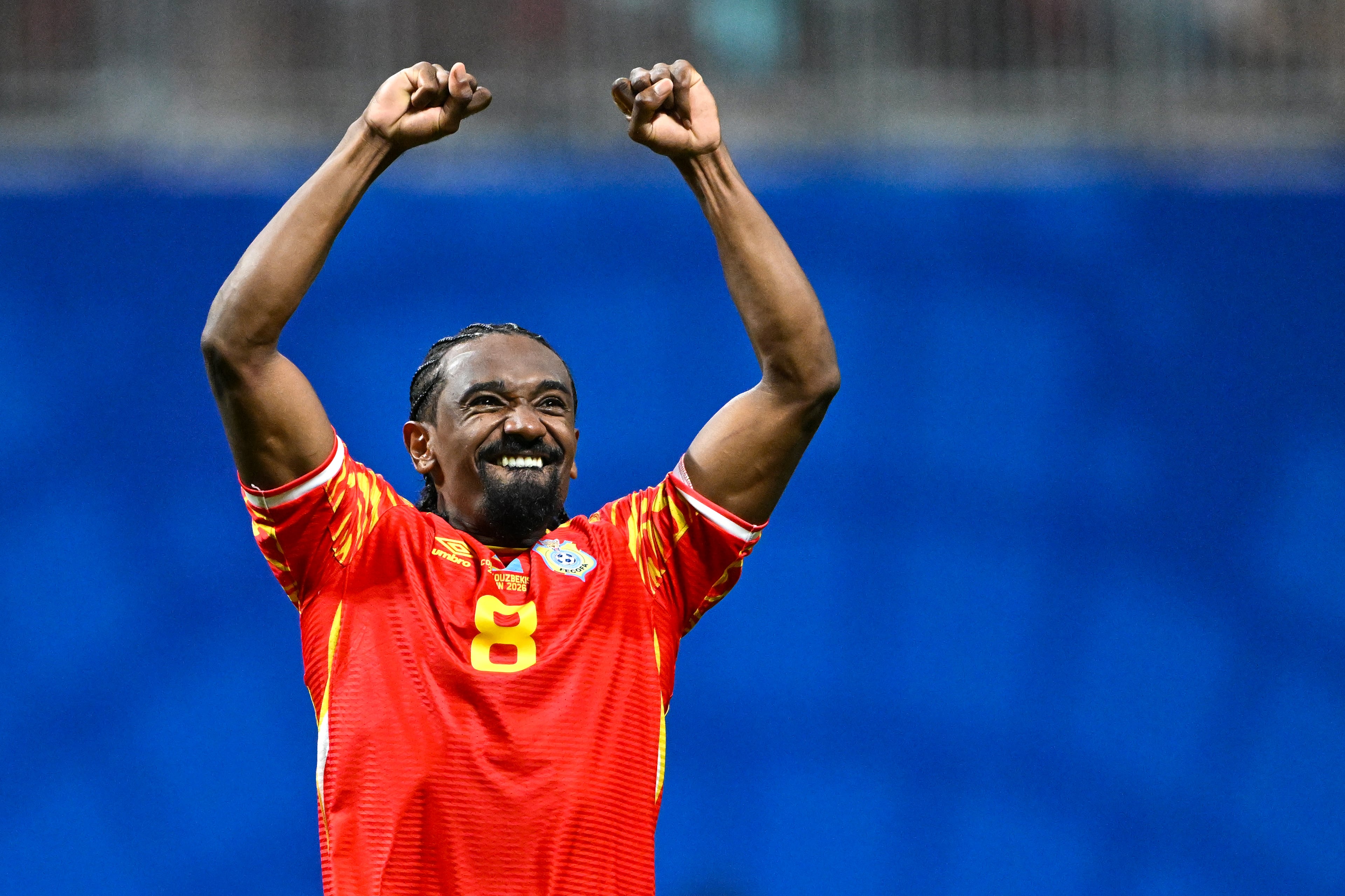 DR Congo midfielder Samuel Moutoussamy (8) celebrates during the second half of a FIFA World Cup match at Atlanta Stadium (Mercedes-Benz Stadium) on Saturday, June 27, 2026, in Atlanta. (Hyosub Shin/AJC)