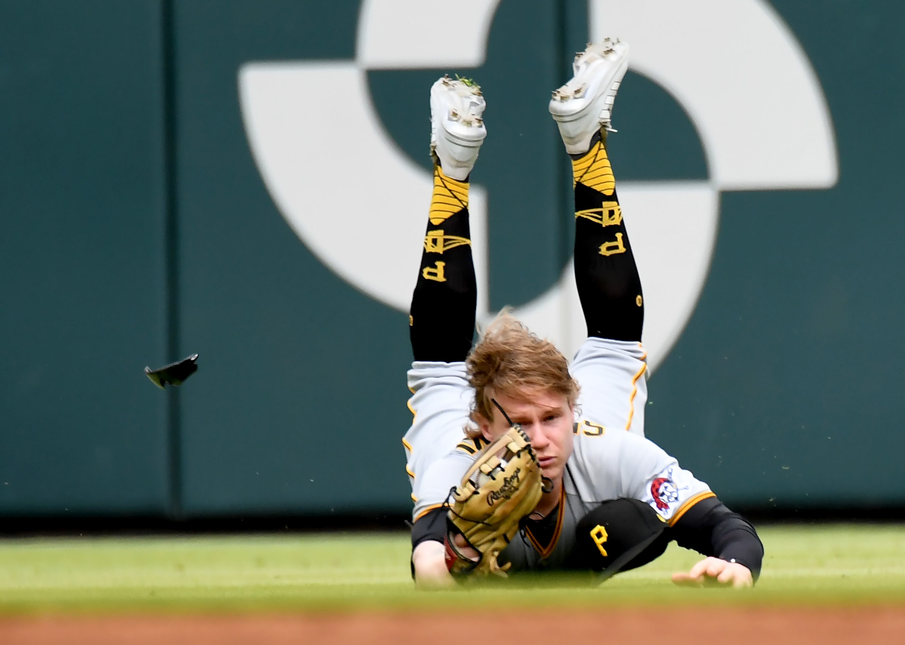 June 11, 2022 Atlanta - Pittsburgh Pirates' right fielder Jack Suwinski (65) makes a catch hit by Atlanta Braves' third baseman Ozzie Albies to end the first inning at Truist Park on Saturday, June 11, 2022. (Hyosub Shin / Hyosub.Shin@ajc.com)