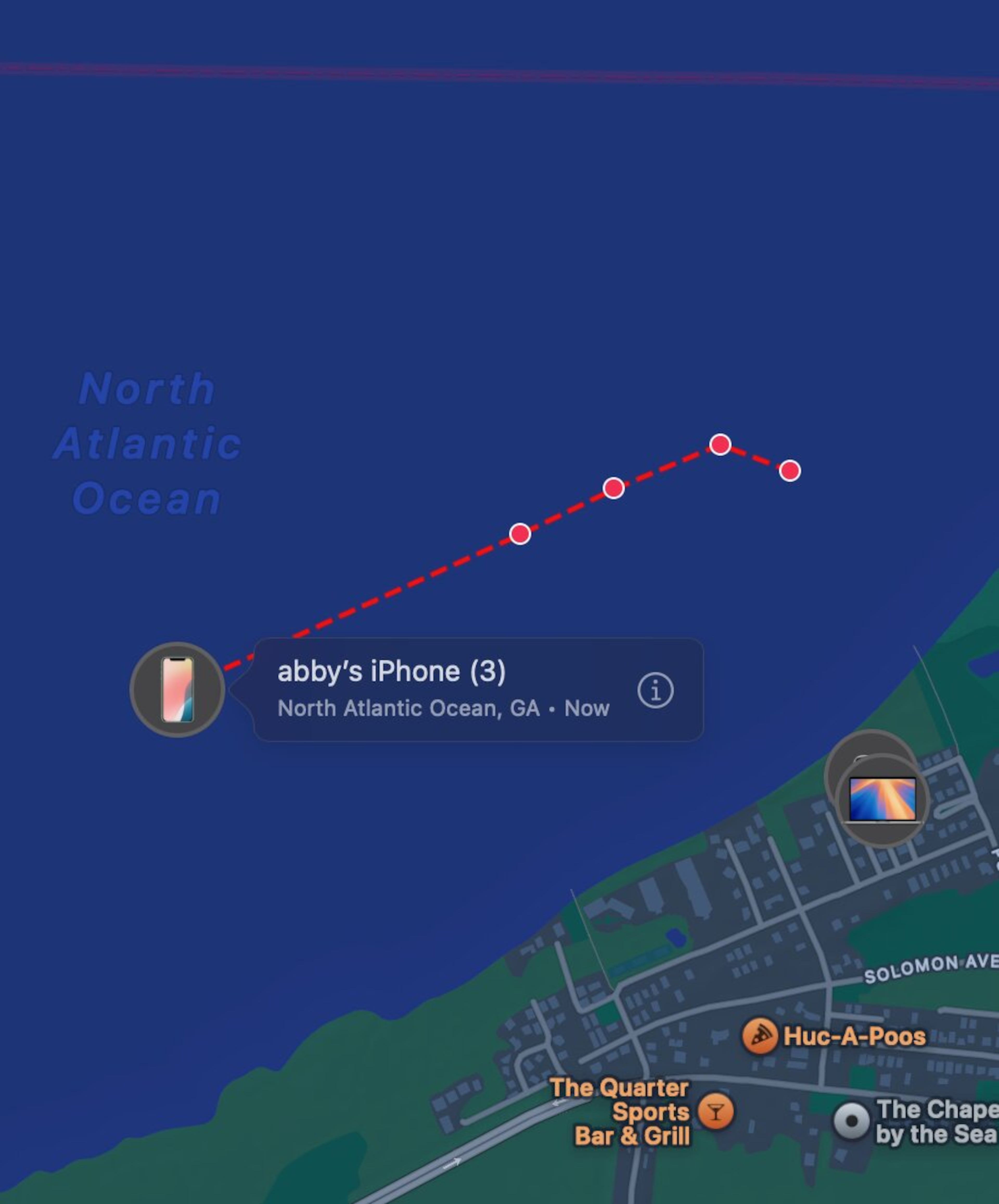 Abby Van Brimmer tracked her cellphone using the Find My iPhone app after losing it while paddleboarding off Tybee Island in August 2025. The phone continued to transmit its position until the battery was depleted. (Courtesy of Abby Van Brimmer)