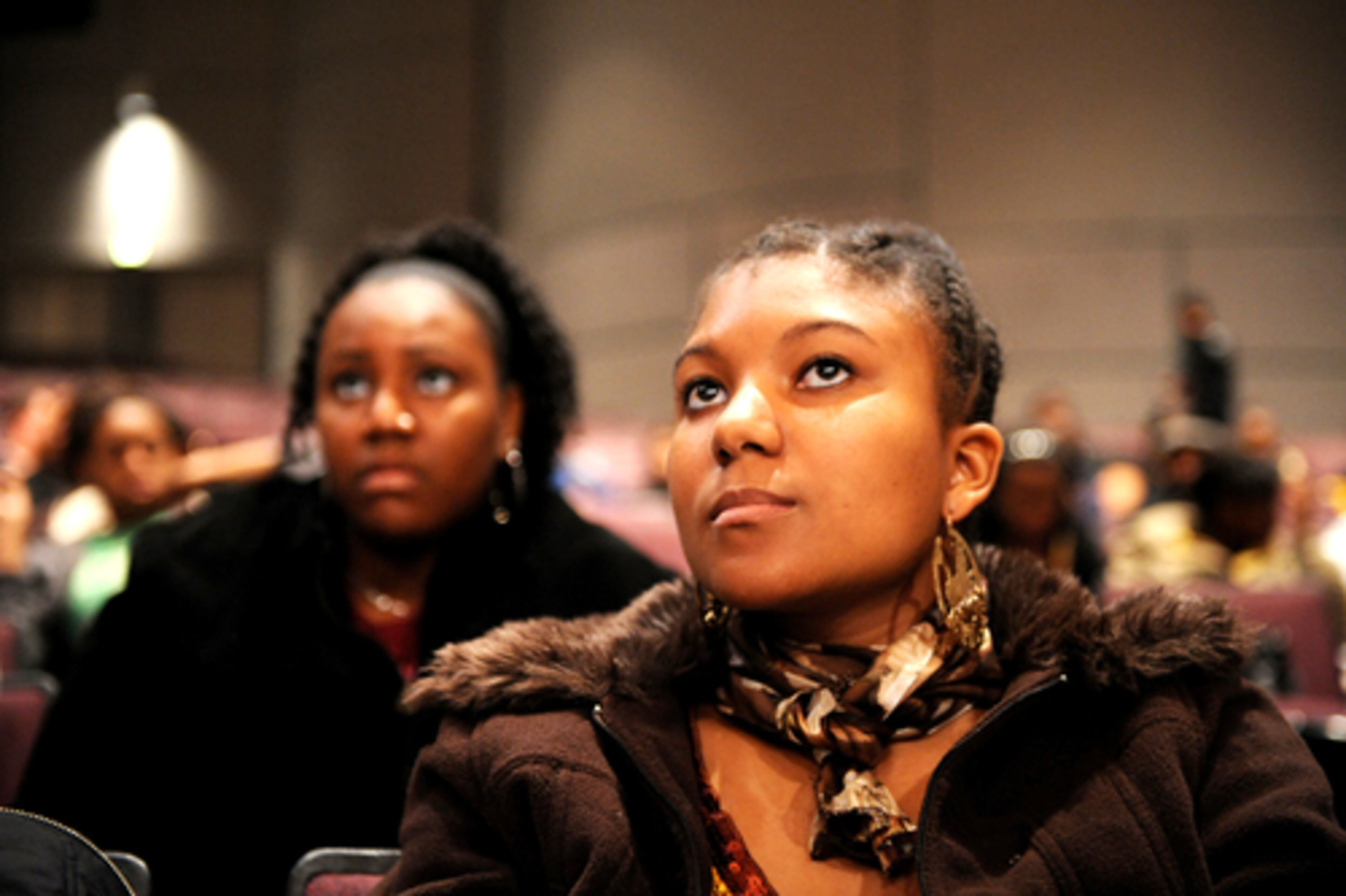 Several hundred students from metro high schools got to learn more about the music industry Wednesday at Grammy Career Day at the Clayton Performing Arts Center. Trebony Dillard of North Clayton High School listens during the vocals workshop.