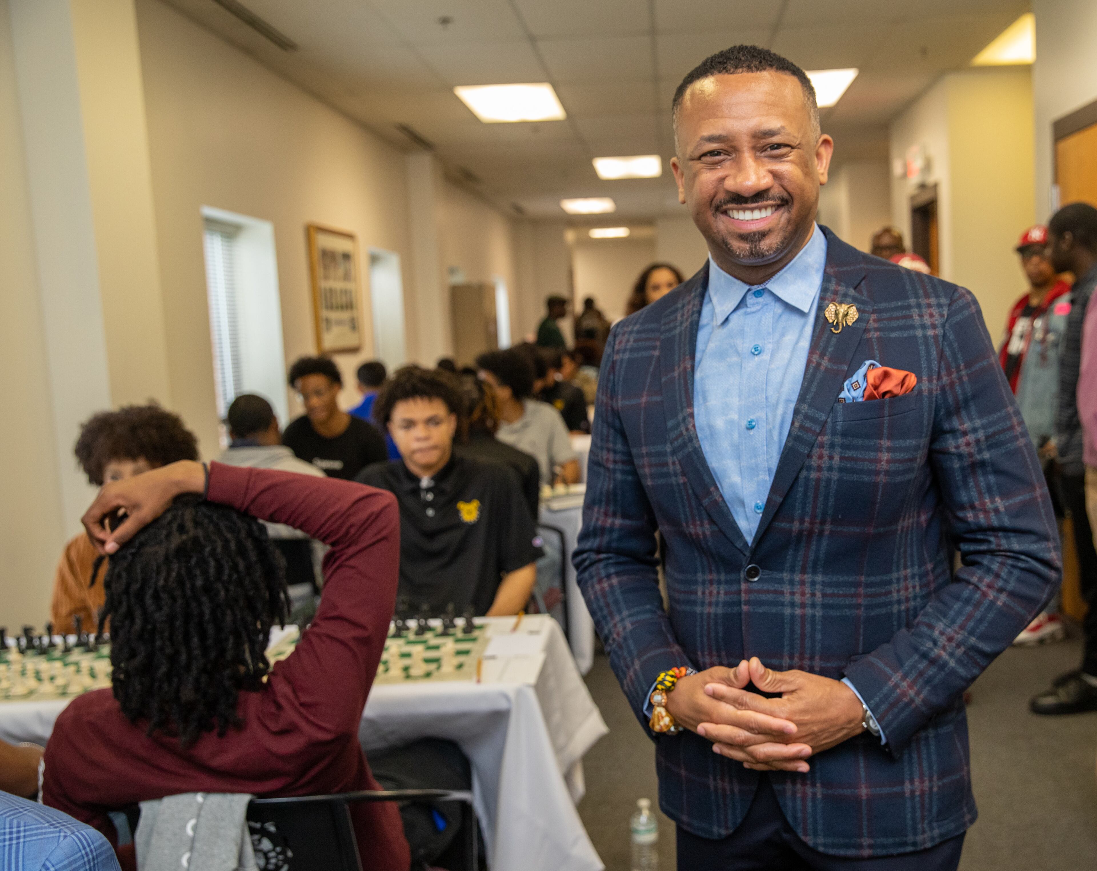Dr. Kevin James, President of Morris Brown College, attends the inaugural HBCU Chess Classic hosted at his school, Morris Brown College on Saturday, April 22, 2023. The tournament brought together students from Morehouse, Clark Atlanta, Spelman and other historically black colleges and universities. (Jenni Girtman for The Atlanta Journal-Constitution)