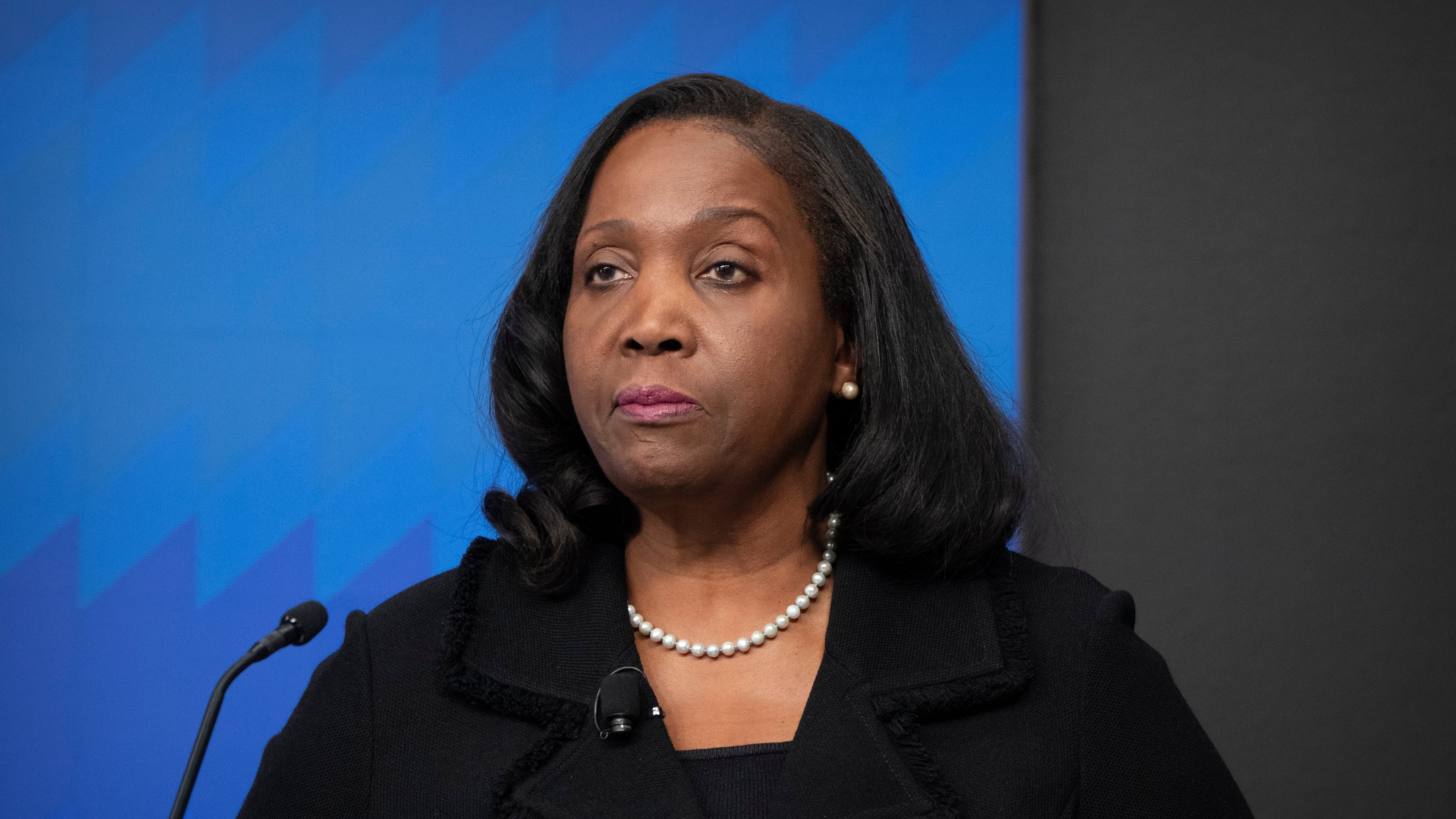 FILE - Lisa Cook, a Federal Reserve Board of Governors member, speaks during an event at the Brookings Institution, Nov. 3, 2025, in Washington. (AP Photo/Mark Schiefelbein, File)