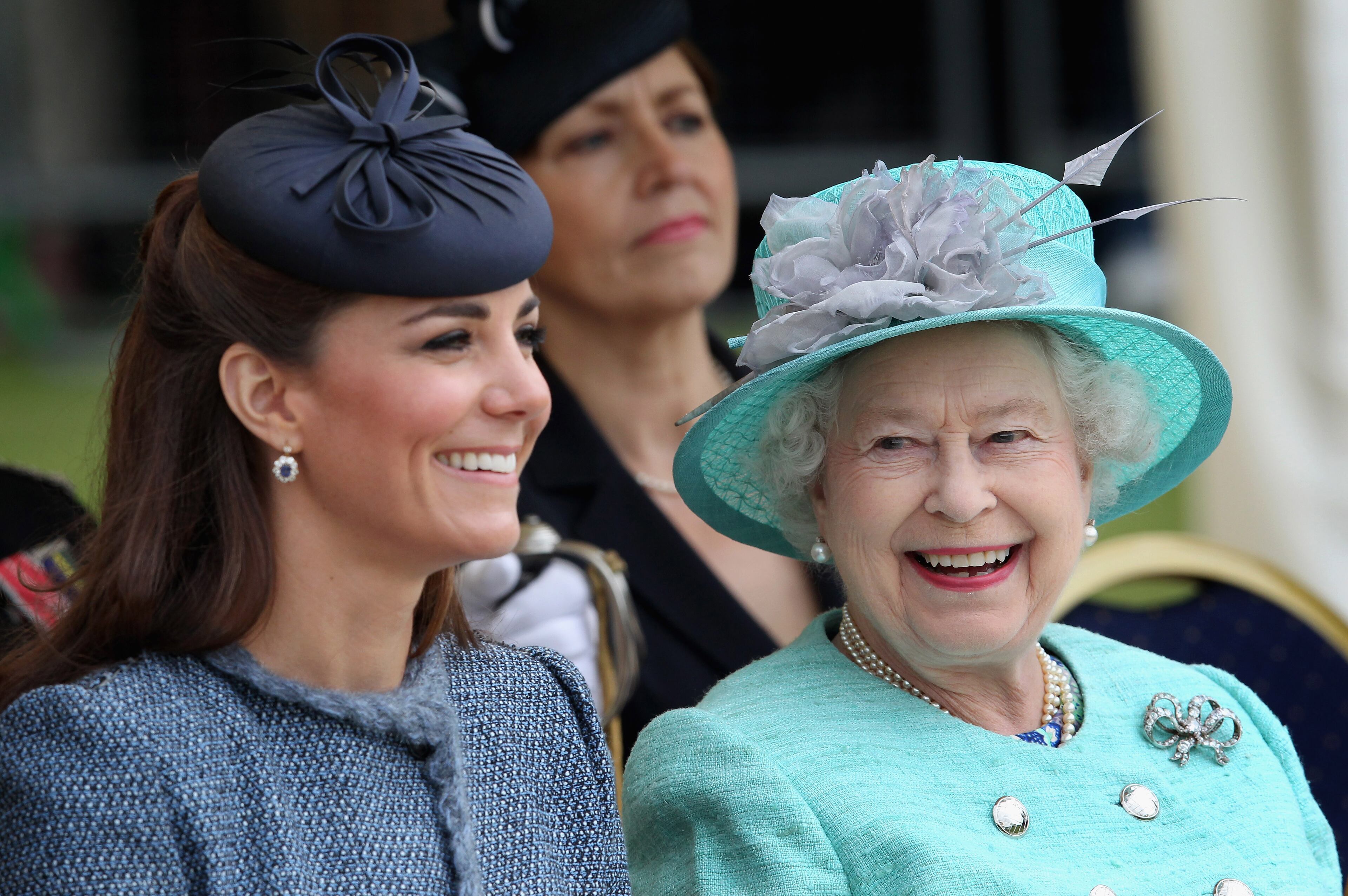 Catherine, Duchess of Cambridge and Queen Elizabeth II smile as they visit Vernon Park during a Diamond Jubilee visit to Nottingham on June 13, 2012 in Nottingham, England. Britain's Queen Elizabeth celebrates her 90th birthday on Thursday, April 21, 2016. (Photo by Chris Jackson/Getty Images)