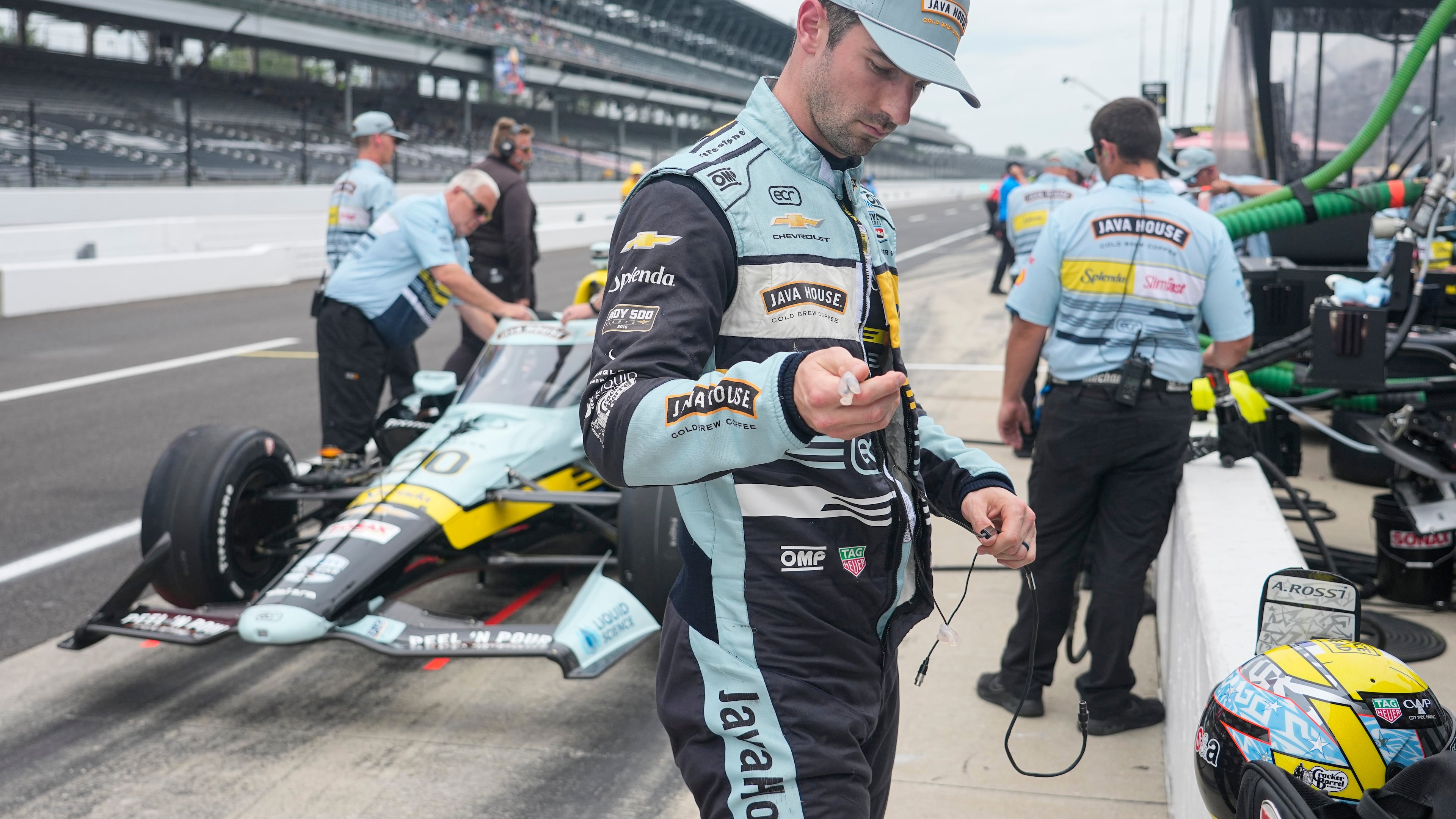 Alexander Rossi prepares too drive during practice for the Indianapolis 500 auto race at the Indianapolis Motor Speedway in Indianapolis, Monday, May 18, 2026. (AP Photo/Michael Conroy)