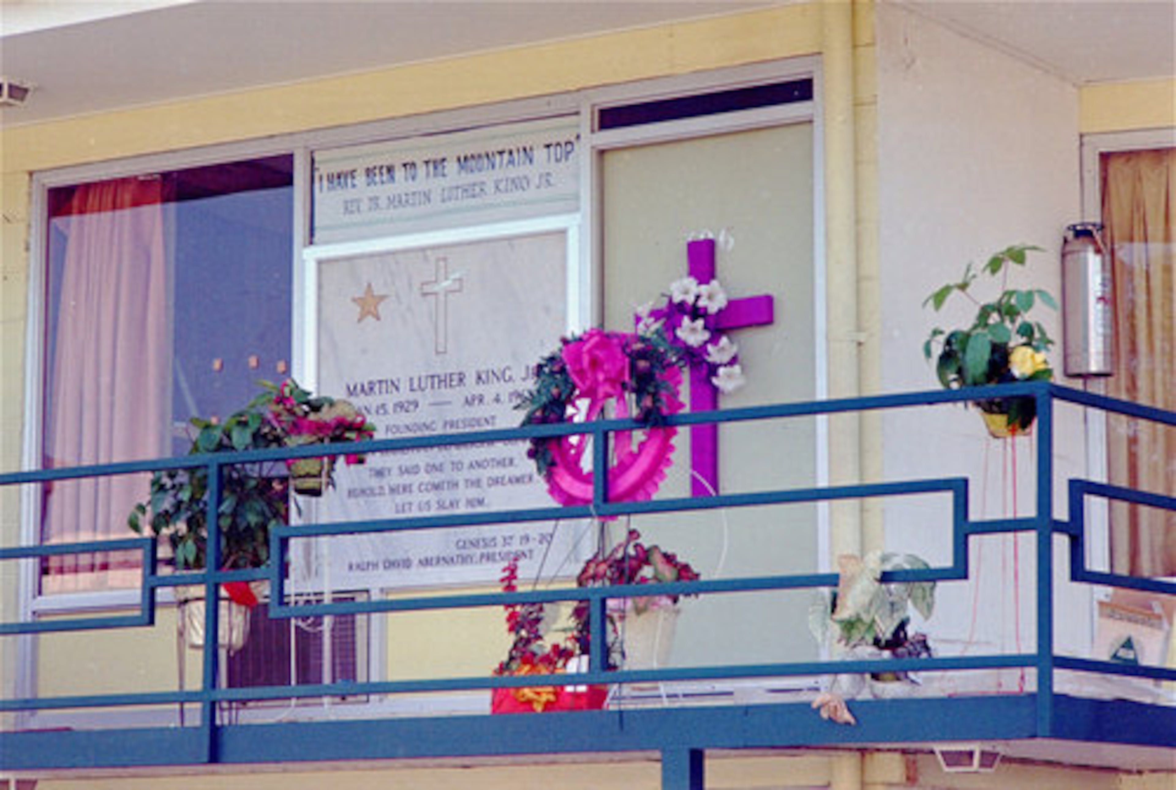 The balcony of the Lorraine Motel, Mulberry Street, Memphis, Tenn., April 6, 1968, with a memorial plaque and wreaths on Dr. King's balcony 2 days after Dr. Martin Luther King, Jr.'s assassination, April 4, 1968.