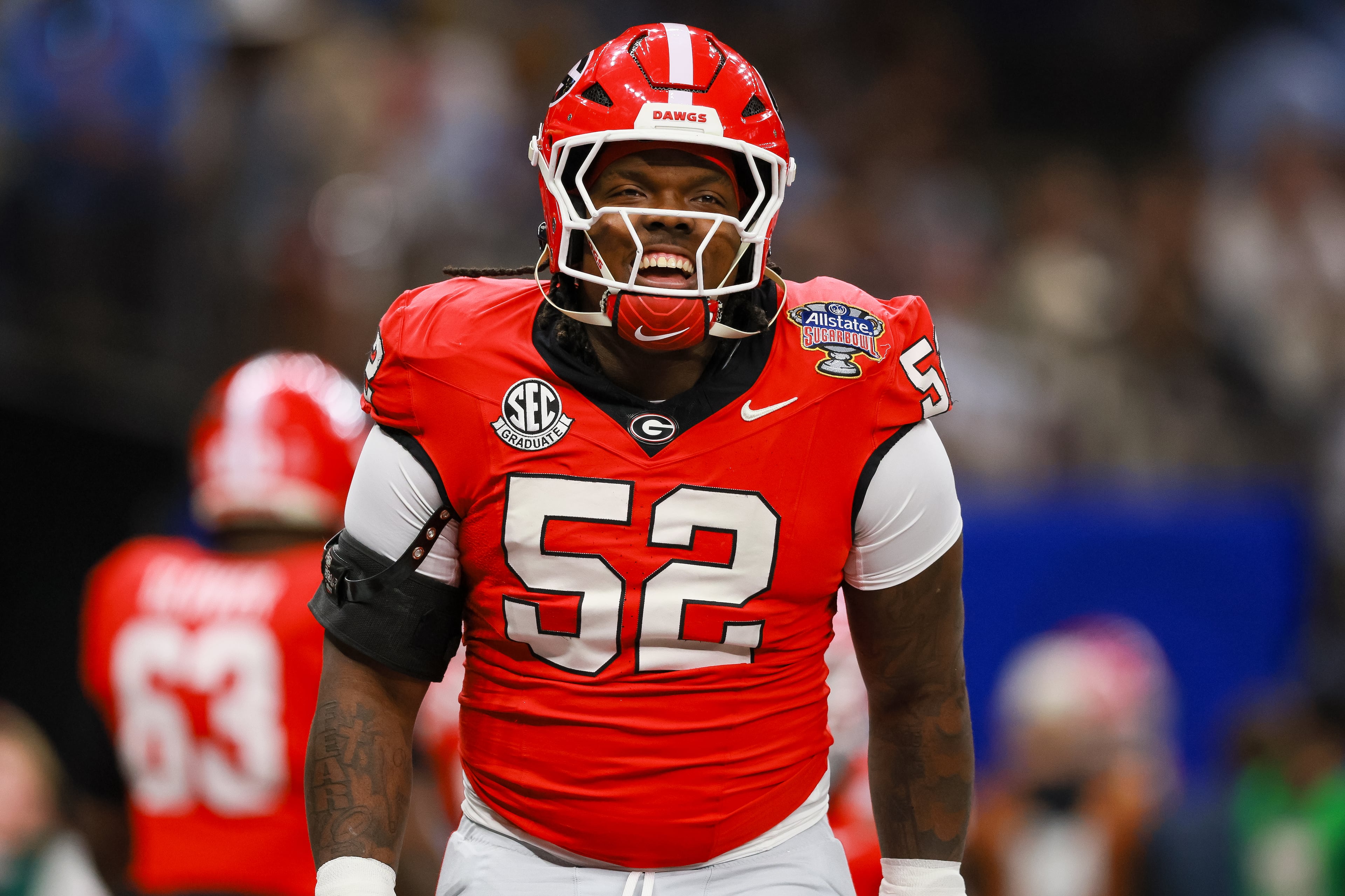 Georgia Bulldogs offensive lineman Michael Uini psychs himself up during warmups prior to the NCAA College Football Playoff quarterfinal game against Ole Miss at the Sugar Bowl in the Caesars Superdome, Thursday, Jan. 1, 2026, in New Orleans. (Jason Getz/AJC)