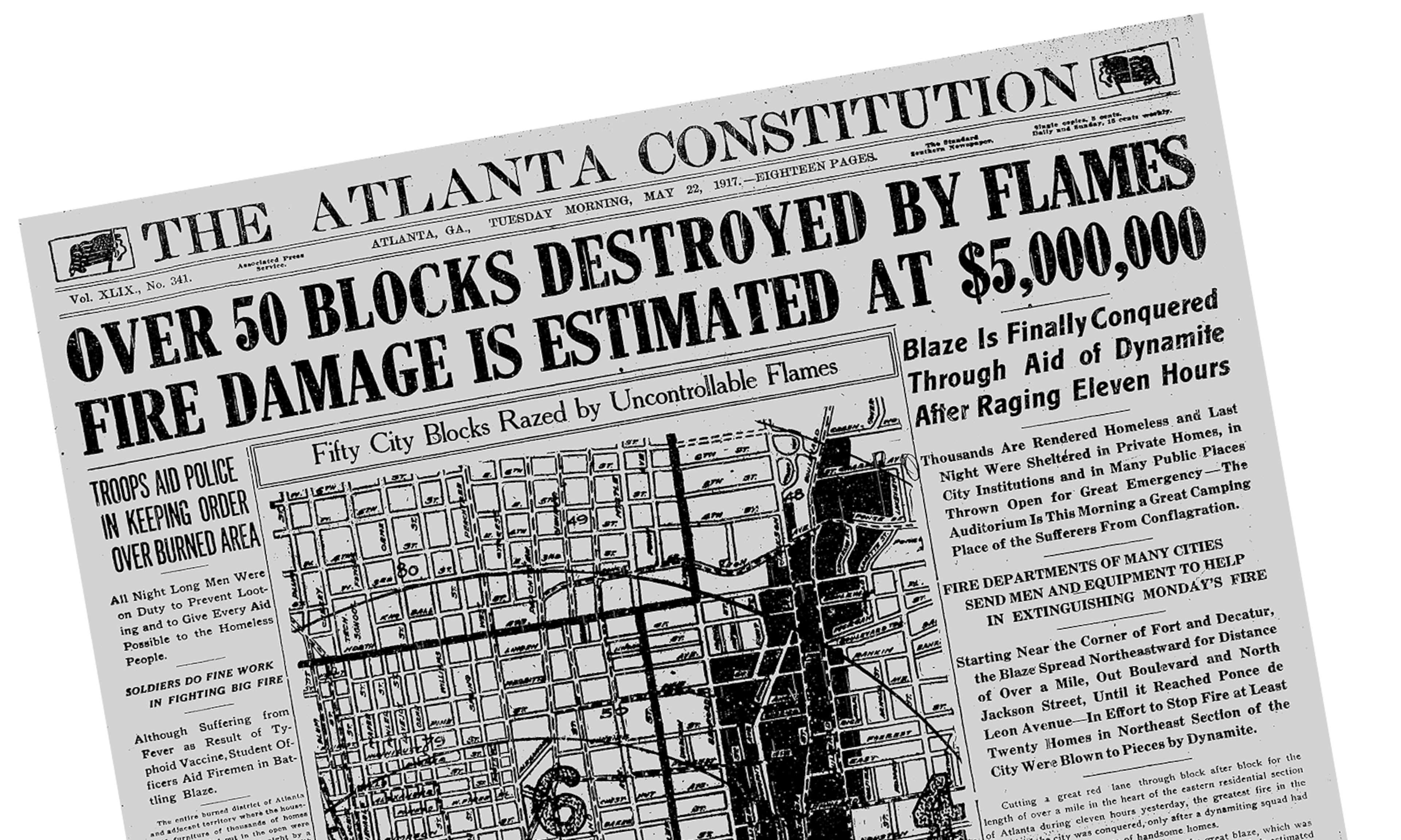 The Thursday, May 22, 1917 edition of The Atlanta Constitution reports on what became known as The Great Atlanta Fire of 1917. (AJC Archive)