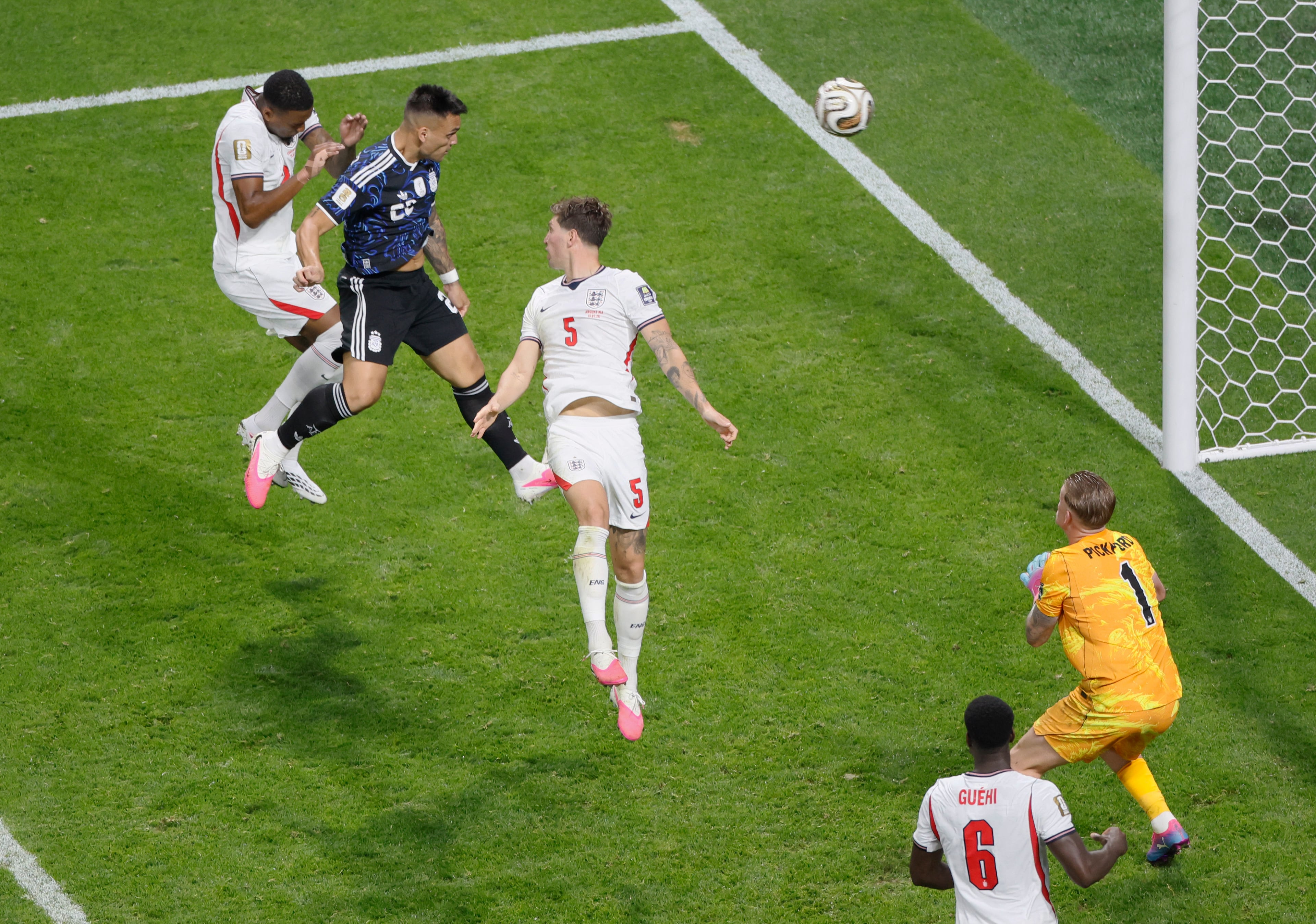 Argentina's Lautaro Martinez heads in the winning goal during second half of Argentina vs. England FIFA World Cup Semifinal match at Atlanta Stadium (Mercedes-Benz Stadium) on Wednesday, July 15, 2026. (Miguel Martinez/AJC)
