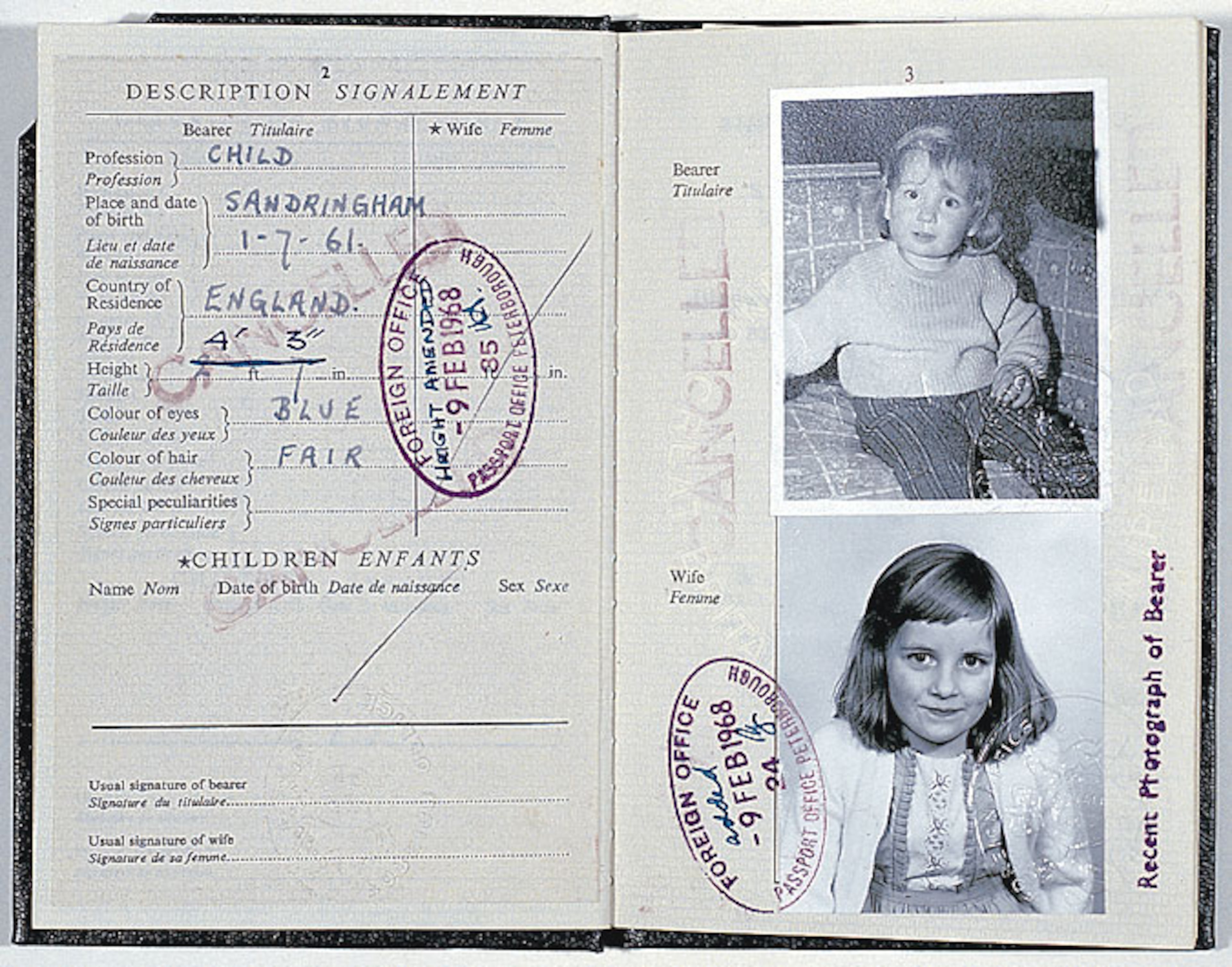 Childhood Passport Included among the many items from Diana's childhood is her passport from1968. The two photographs featured were taken by her father, who made a point to shoot their pictures after bathtime when they were super clean.