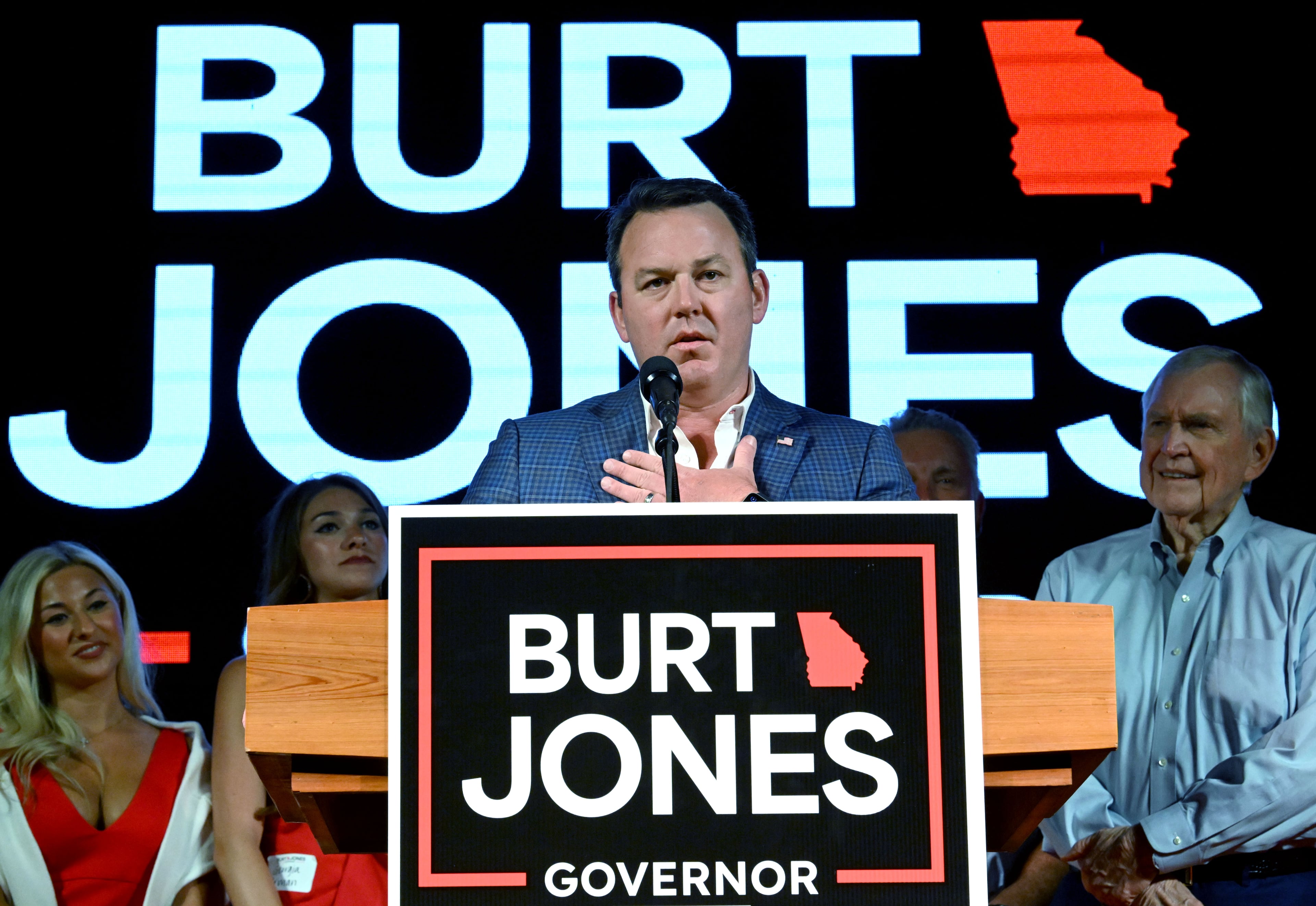 Lt. Gov. Burt Jones, Republican gubernatorial candidate, addresses supporters at his election night party on May 19 in Jackson. (Hyosub Shin/AJC)