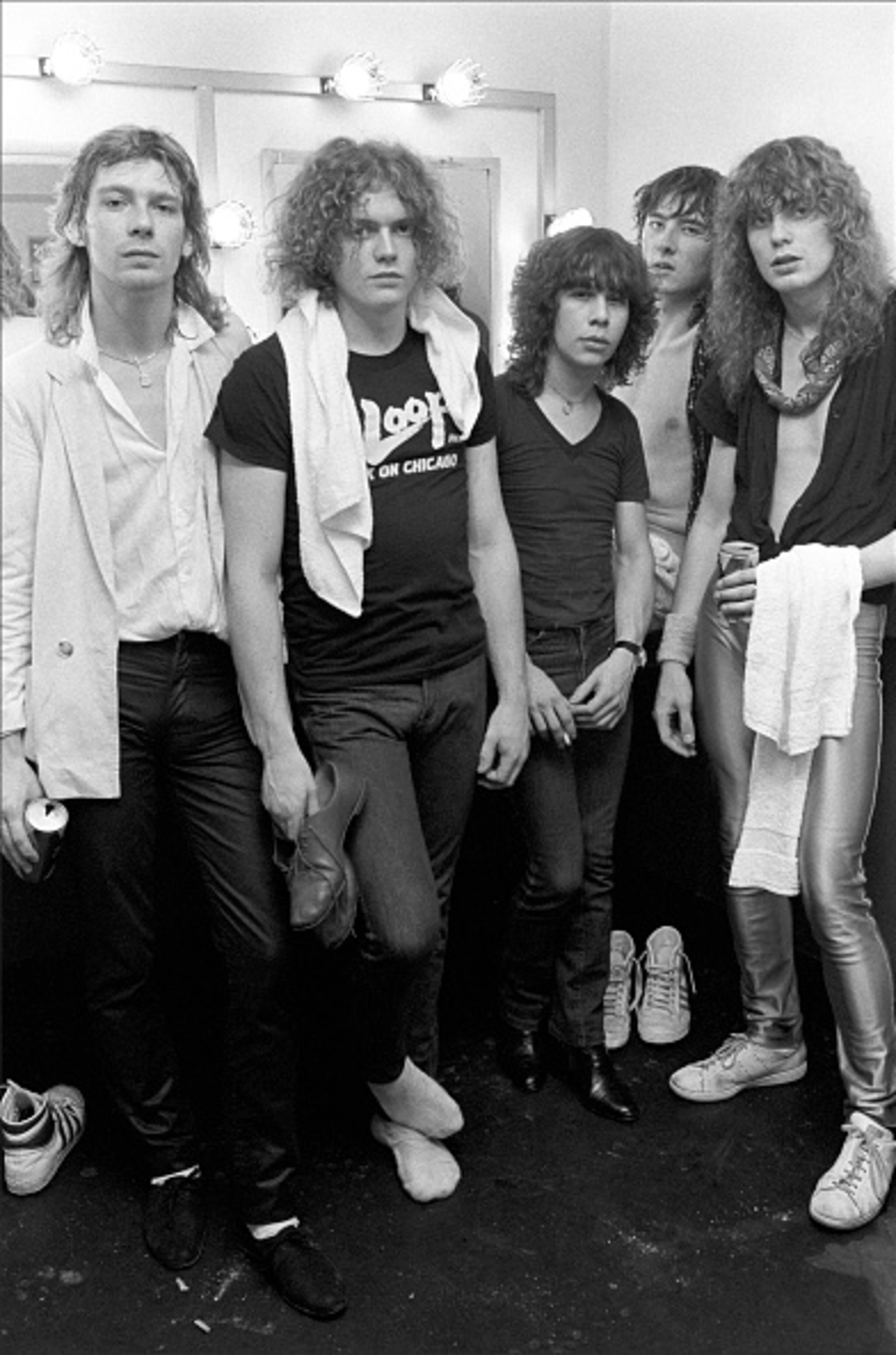 ATLANTA - SEPTEMBER 4: Steve Clark, Rick Allen, Pete Willis, Joe Elliott and Rick Savage of Def Leppard are photographed after performing at The Fox Theater on September 4, 1981 in Atlanta, Georgia. (Photo by Tom Hill/Getty Images)