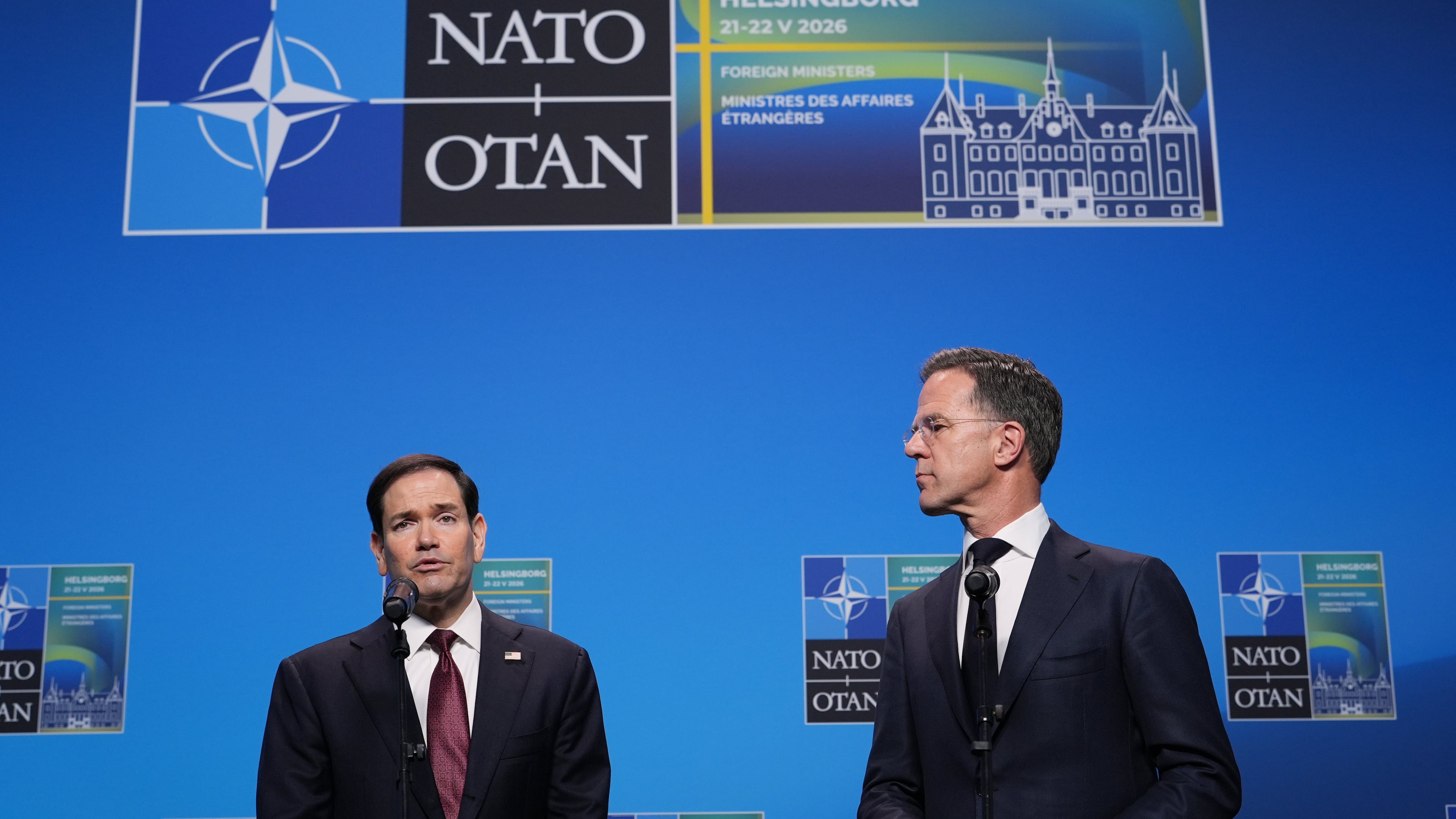 United States Secretary of State Marco Rubio, left, and NATO Secretary General Mark Rutte look at each other as they deliver a statement during a meeting of NATO foreign ministers in Helsingborg, Sweden, Friday, May 22, 2026. (AP Photo/Julia Demaree Nikhinson, Pool)
