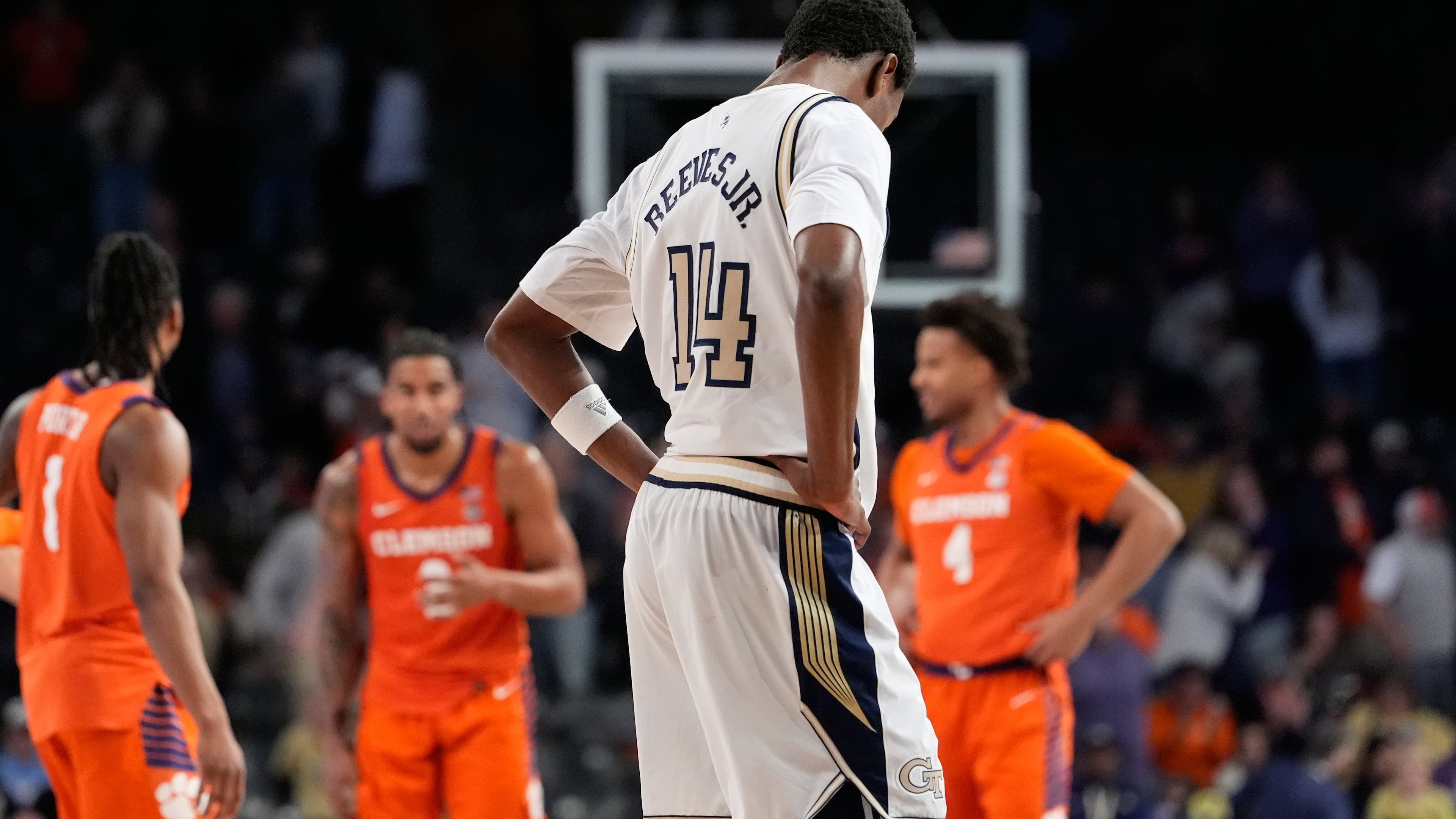 Georgia Tech forward Kowacie Reeves Jr. reacts after a loss during the second half of an NCAA college basketball game against Clemson, Saturday, Jan. 24, 2026, in Atlanta. (Brynn Anderson/AP)