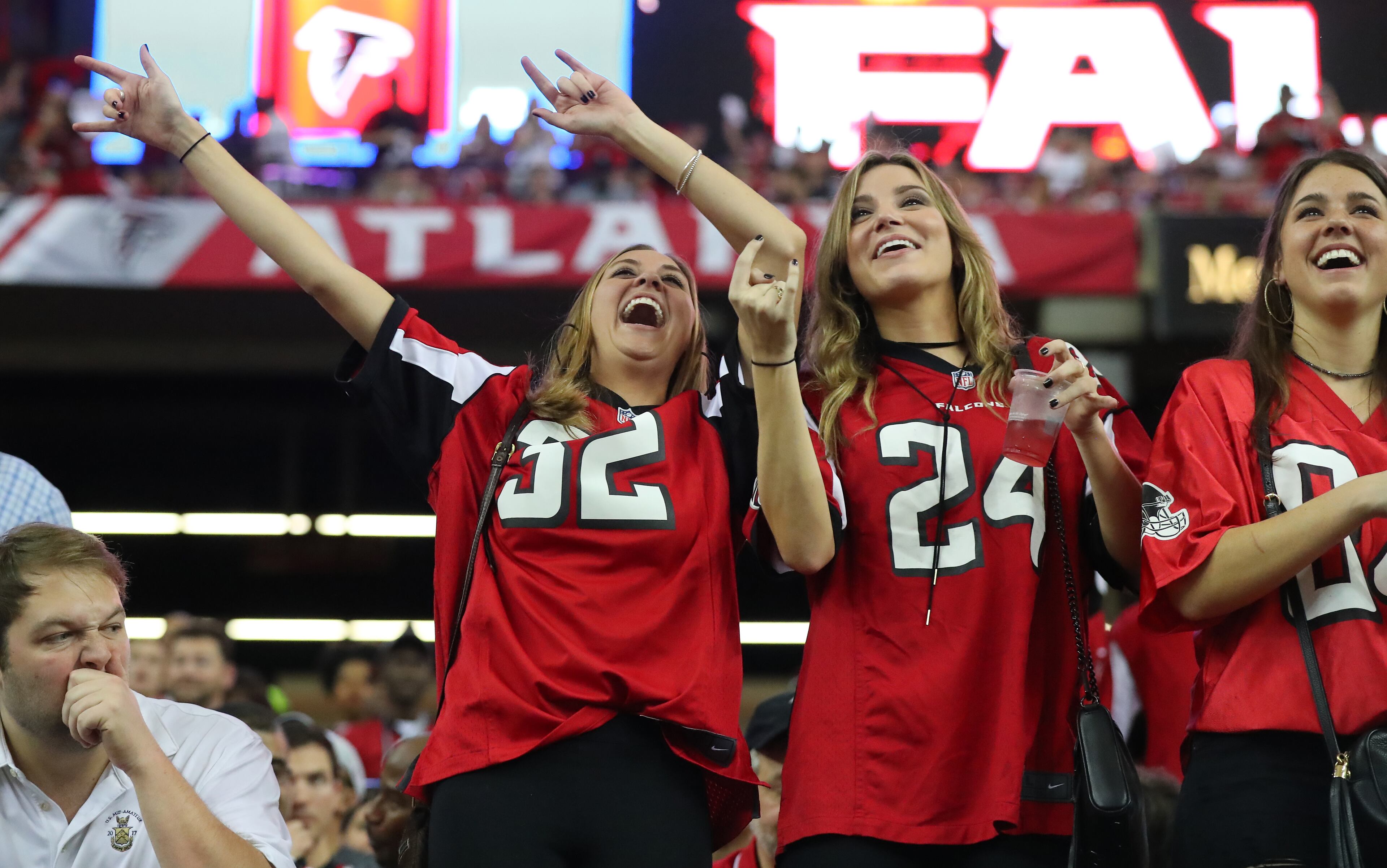 January 14, 2017, Atlanta: Falcons fans celebrate a 36-20 victory over the Seahawks during a NFL football NFC divisional playoff game on Saturday, Jan. 14, 2017, in Atlanta. Curtis Compton/ccompton@ajc.com
