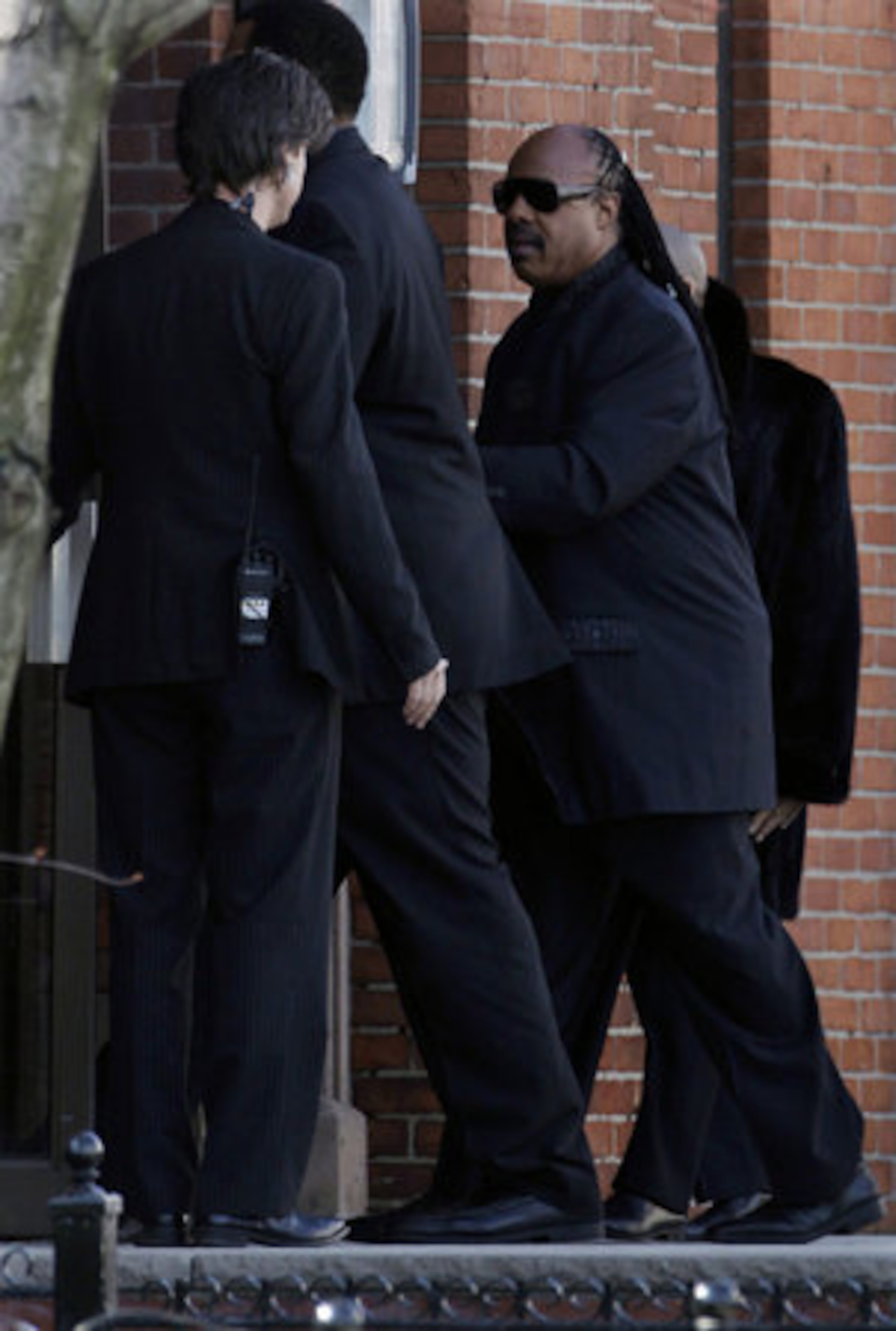 Stevie Wonder arrives the funeral of Whitney Houston at New Hope Baptist Church in Newark, N.J., Saturday, Feb. 18, 2012.