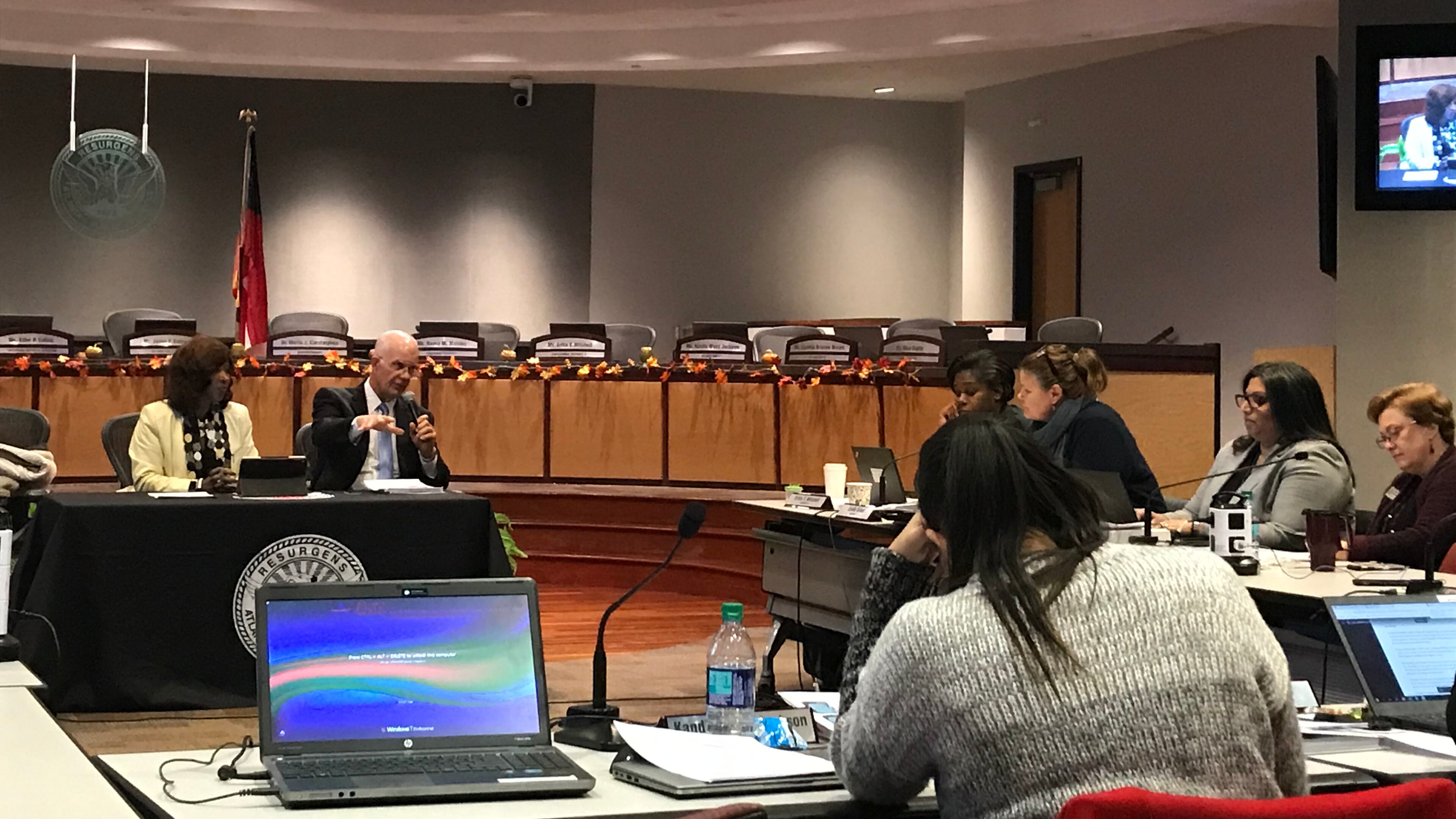 The Atlanta Board of Education interviews consultants from the superintendent search firm Hazard, Young, Attea & Associates on Thursday, Nov. 14, 2019. VANESSA McCRAY/AJC