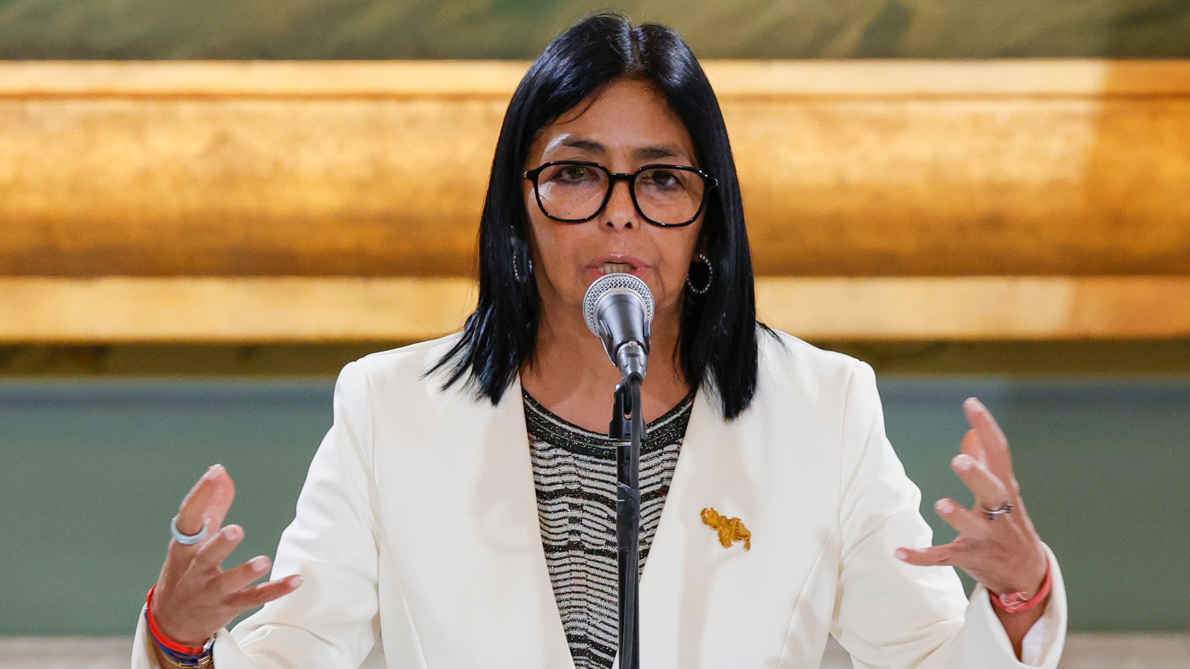 Venezuelan acting President Delcy Rodriguez speaks during a meeting with U.S. Energy Secretary Chris Wright at Miraflores presidential palace in Caracas, Venezuela, Wednesday, Sept. 2, 2026. (AP Photo/Pedro Mattey)