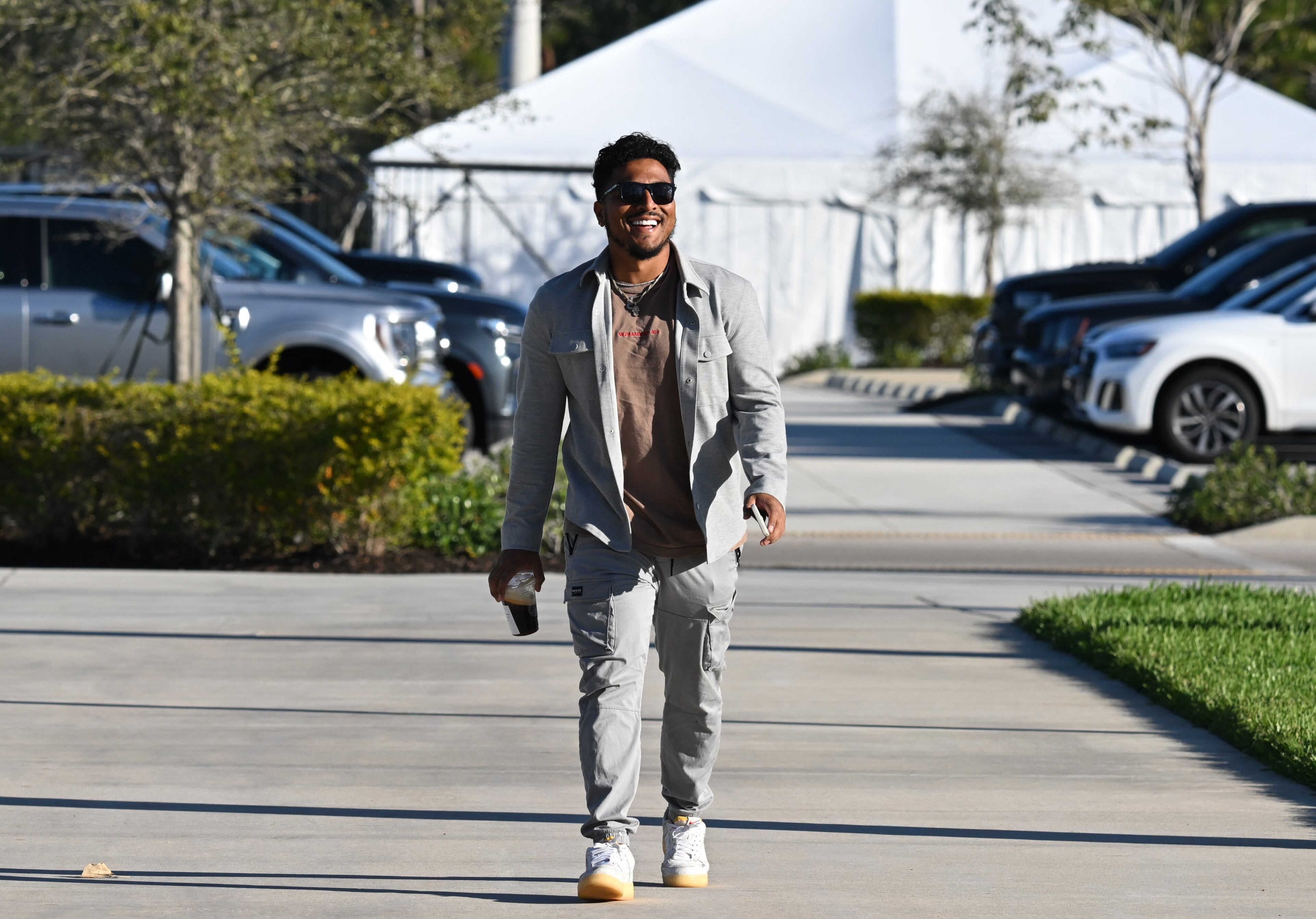 Braves catcher Chadwick Tromp (60) arrives for the first of pitchers and catchers reported to spring training at CoolToday Park, Monday, Feb. 13, 2023, in North Port, Fla. (Hyosub Shin / Hyosub.Shin@ajc.com)