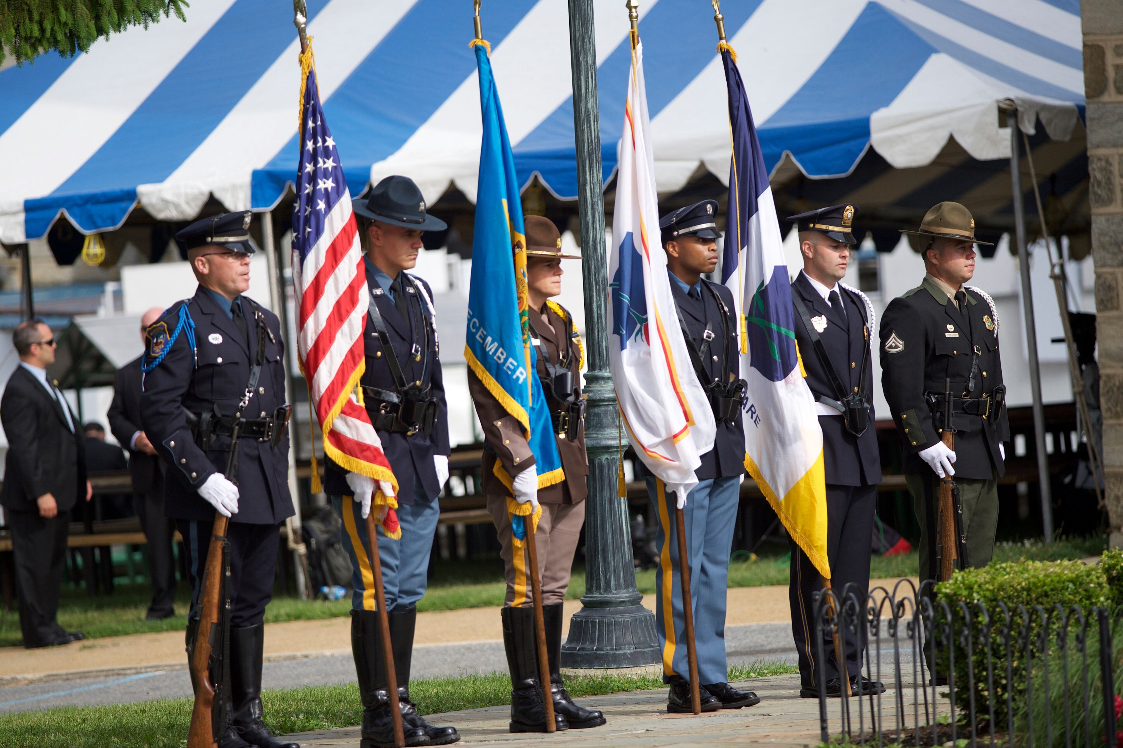 WILMINGTON, DE - JUNE 6: An honor guard stands at attention outside St. Anthony of Padua Church before a mass of Christian burial is held for former Delaware Attorney General Beau Biden on June 6, 2015 in Wilmington, Delaware. U.S. President Barack Obama is expected to deliver a eulogy for the son of Vice President Joe Biden after he died at 46 following a two-year battle with brain cancer. (Photo by Mark Makela/Getty Images)