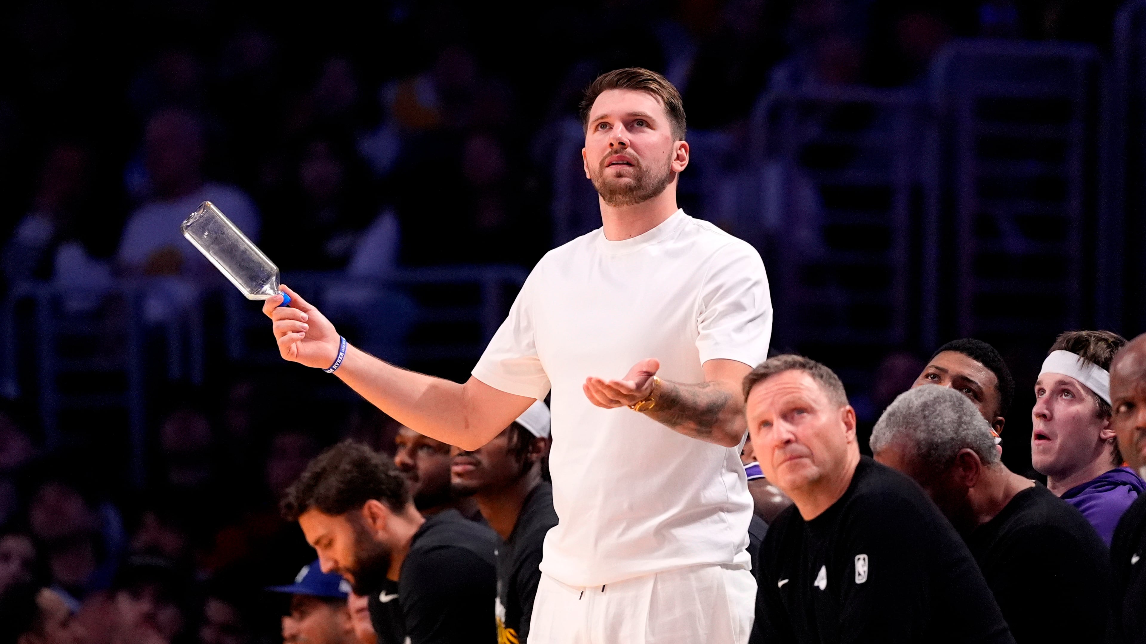 Los Angeles Lakers' Luka Doncic reacts from the bench after the Lakers were called for a foul during the second half in Game 5 of a first-round NBA playoffs basketball series against the Houston Rockets, Wednesday, April 29, 2026, in Los Angeles. (AP Photo/Mark J. Terrill)
