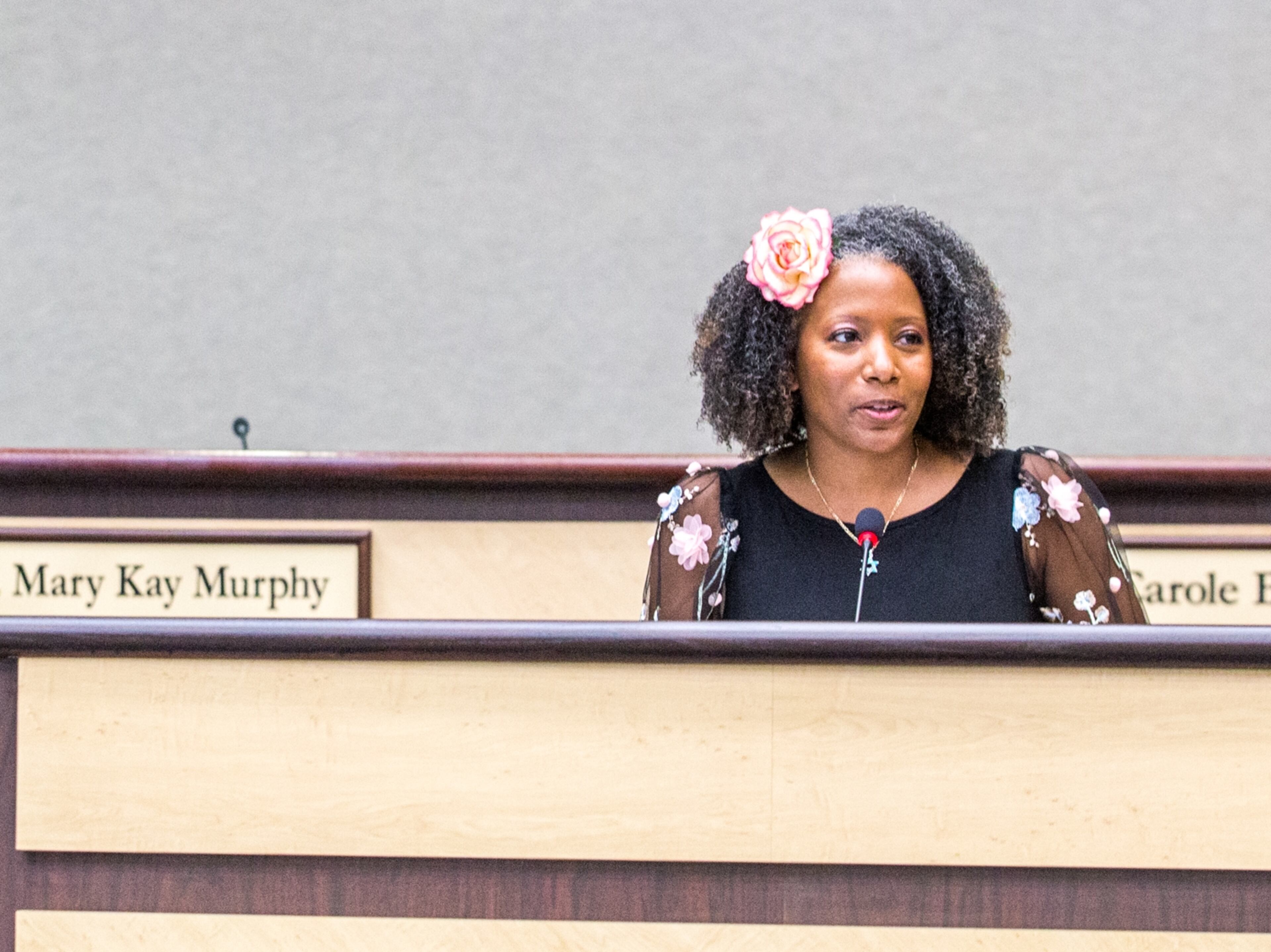 Gwinnett County School Board chair Tarece Johnson, right, on Dec 17, 2020. (Jenni Girtman for The Atlanta Journal-Constitution)