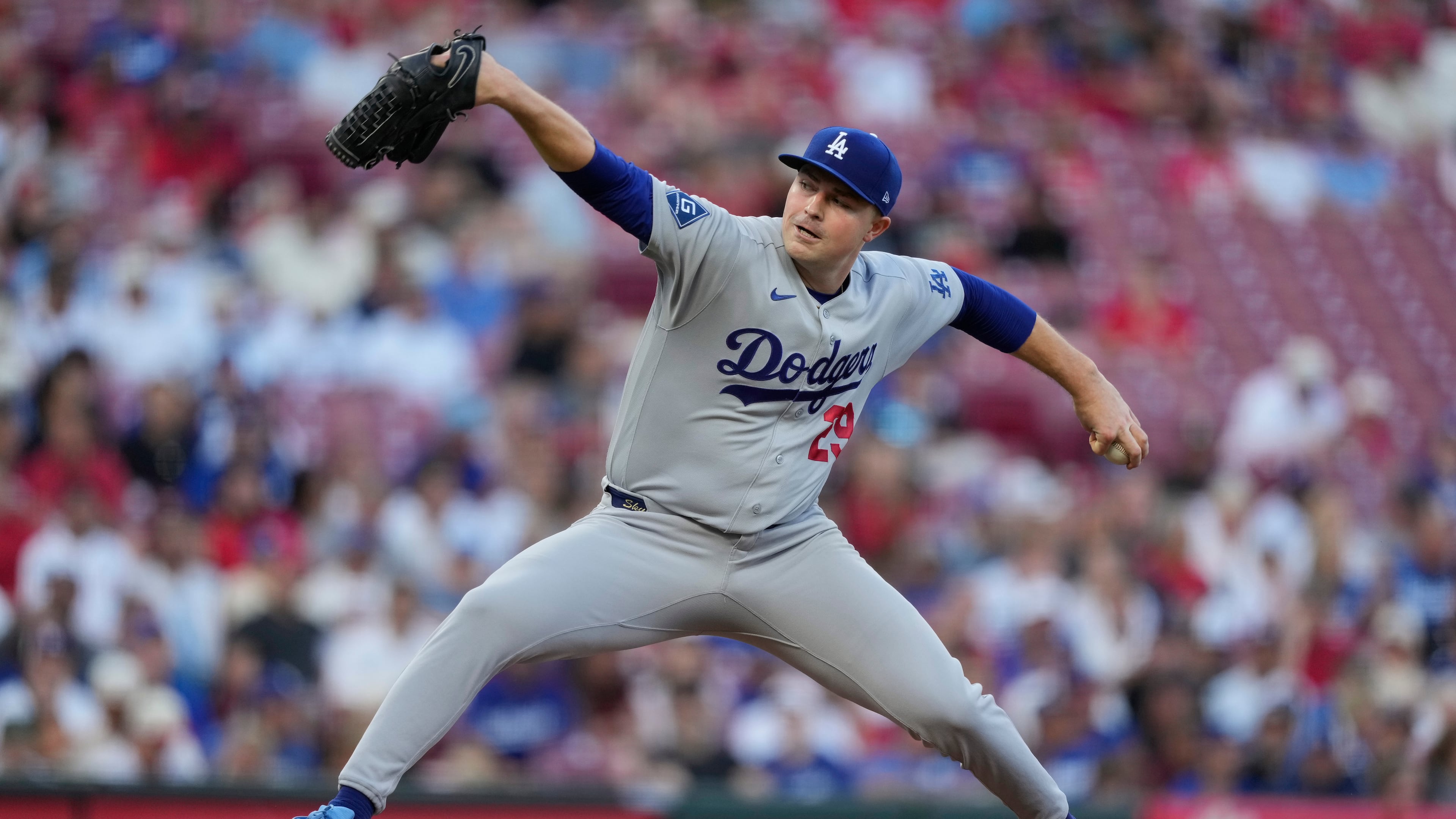 Los Angeles Dodgers pitcher Tarik Skubal throws during the second inning of a baseball game against the Cincinnati Reds, Monday, Sept. 14, 2026, in Cincinnati. (AP Photo/Carolyn Kaster)