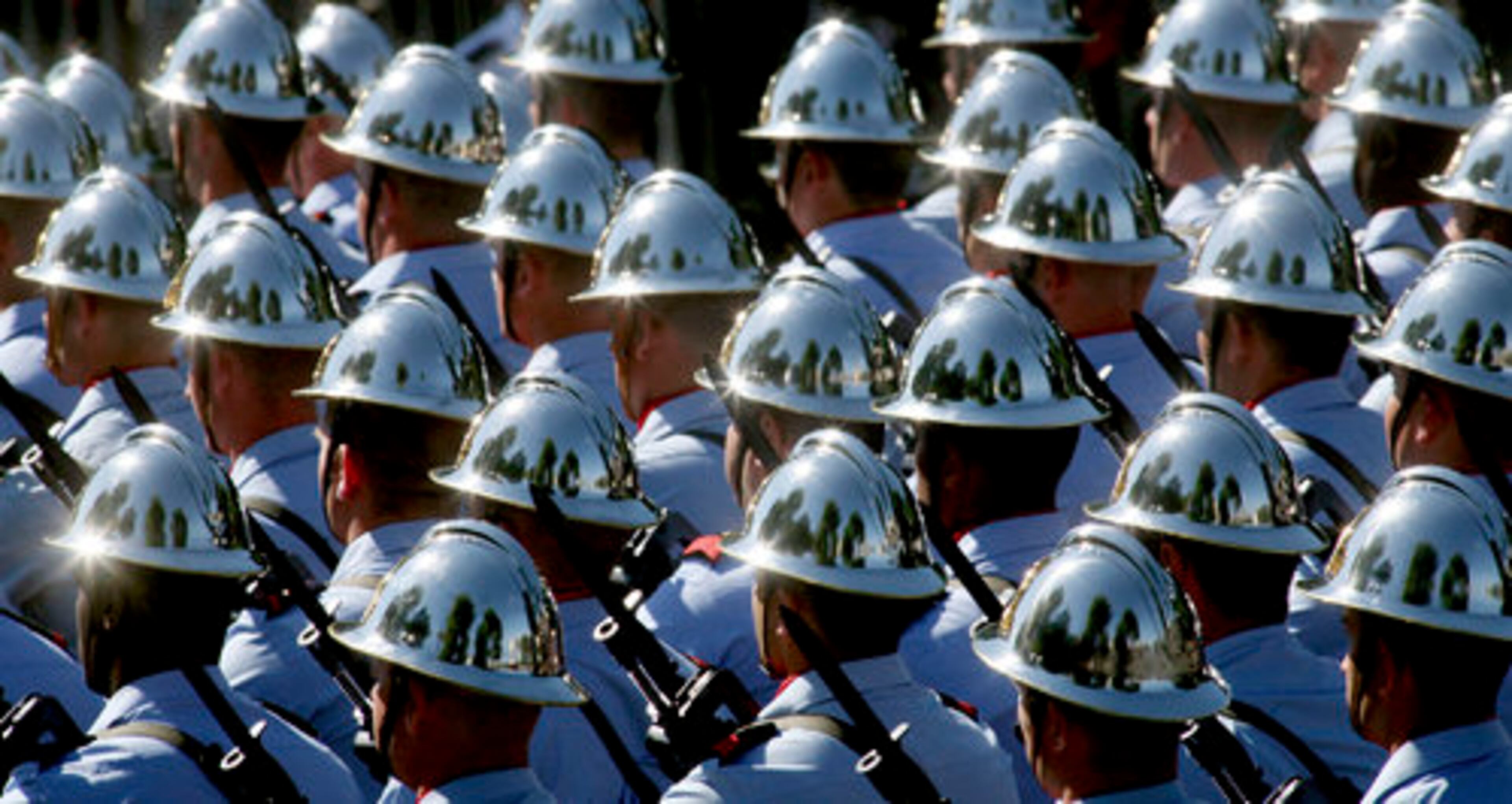 Soldiers from the fire brigade march during Bastille Day ceremonies in Paris.