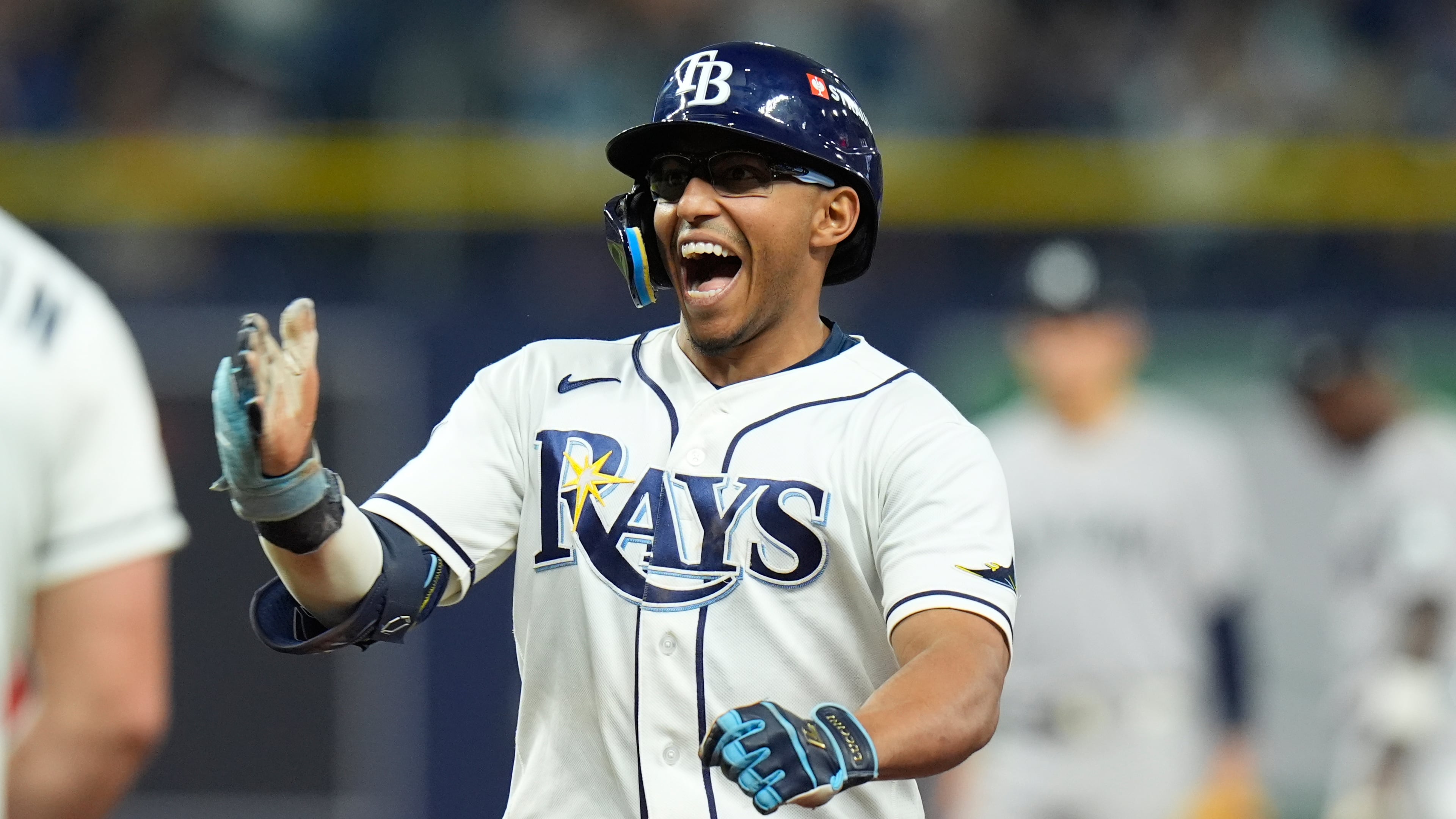 Tampa Bay Rays' Richie Palacios celebrates after hitting a two-run single during the fifth inning in Game 2 of an American League Division Series baseball game against the New York Yankees Monday, Oct. 5, 2026, in St. Petersburg, Fla. (AP Photo/Chris O'Meara)